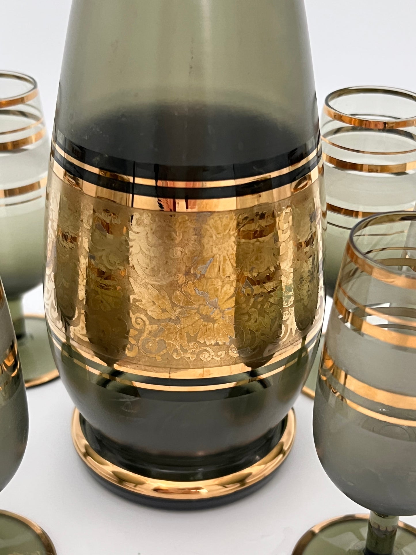 1950s CZECH ASH GREEN AND GOLD ORIGINAL TAG BOHEMIAN WINE DECANTER SET