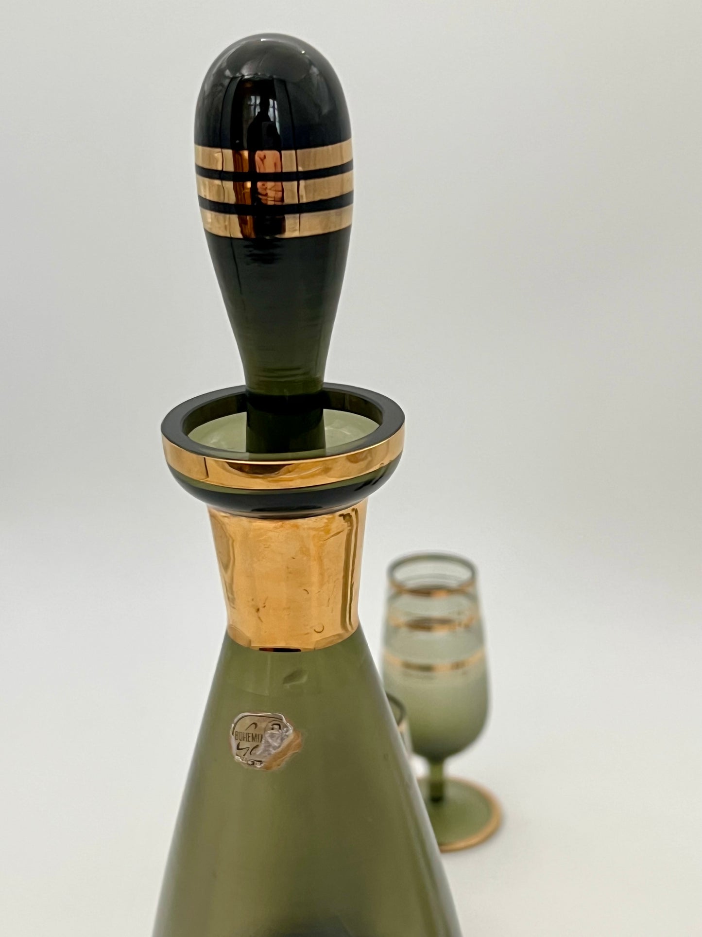 1950s CZECH ASH GREEN AND GOLD ORIGINAL TAG BOHEMIAN WINE DECANTER SET