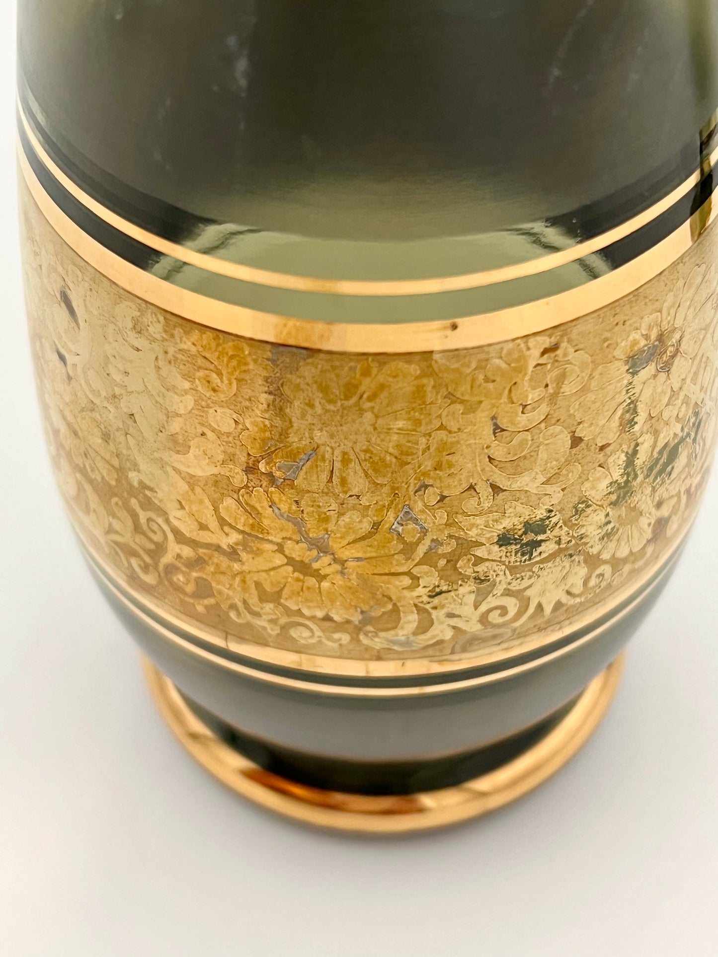1950s CZECH ASH GREEN AND GOLD ORIGINAL TAG BOHEMIAN WINE DECANTER SET
