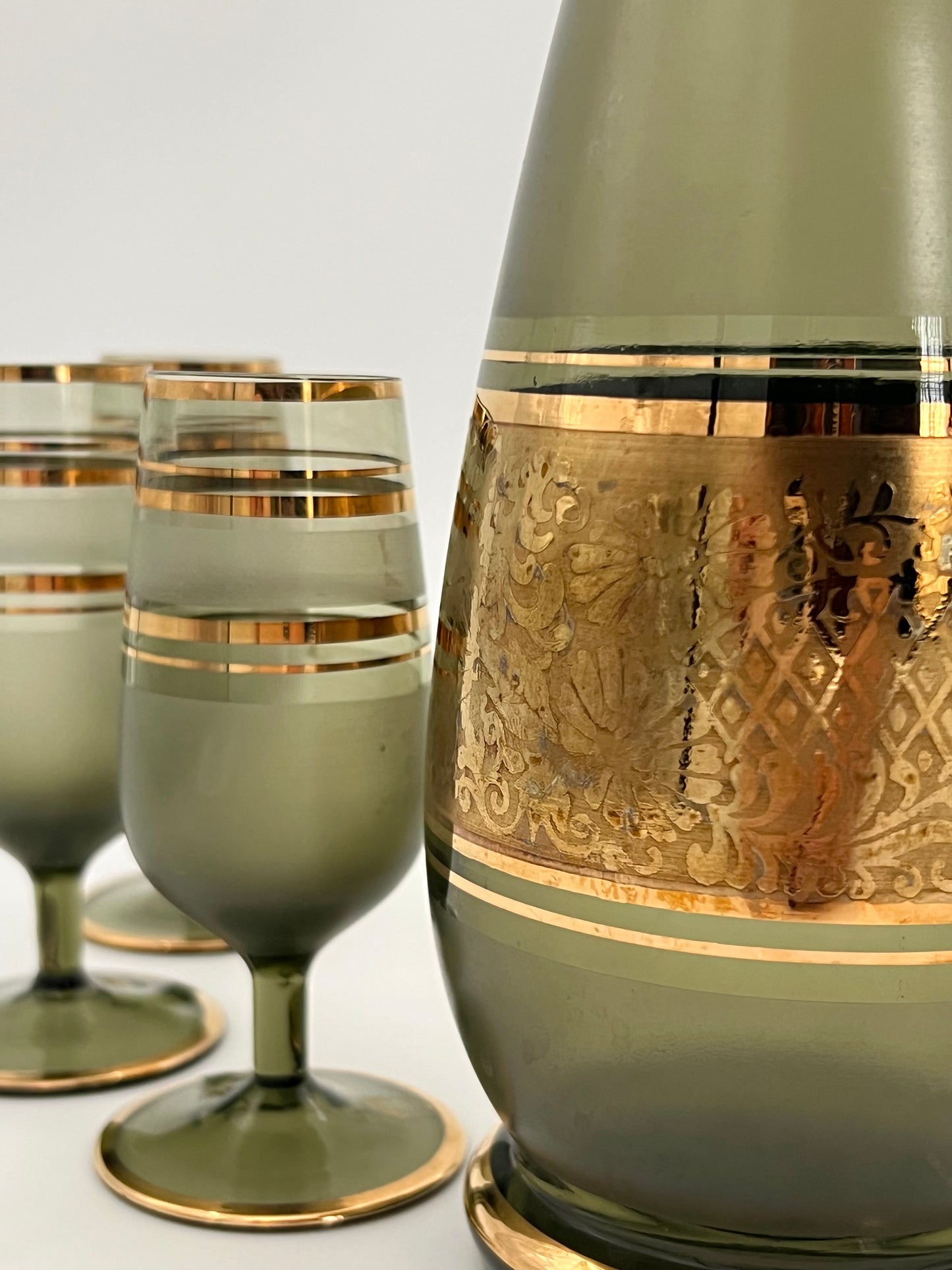 1950s CZECH ASH GREEN AND GOLD ORIGINAL TAG BOHEMIAN WINE DECANTER SET