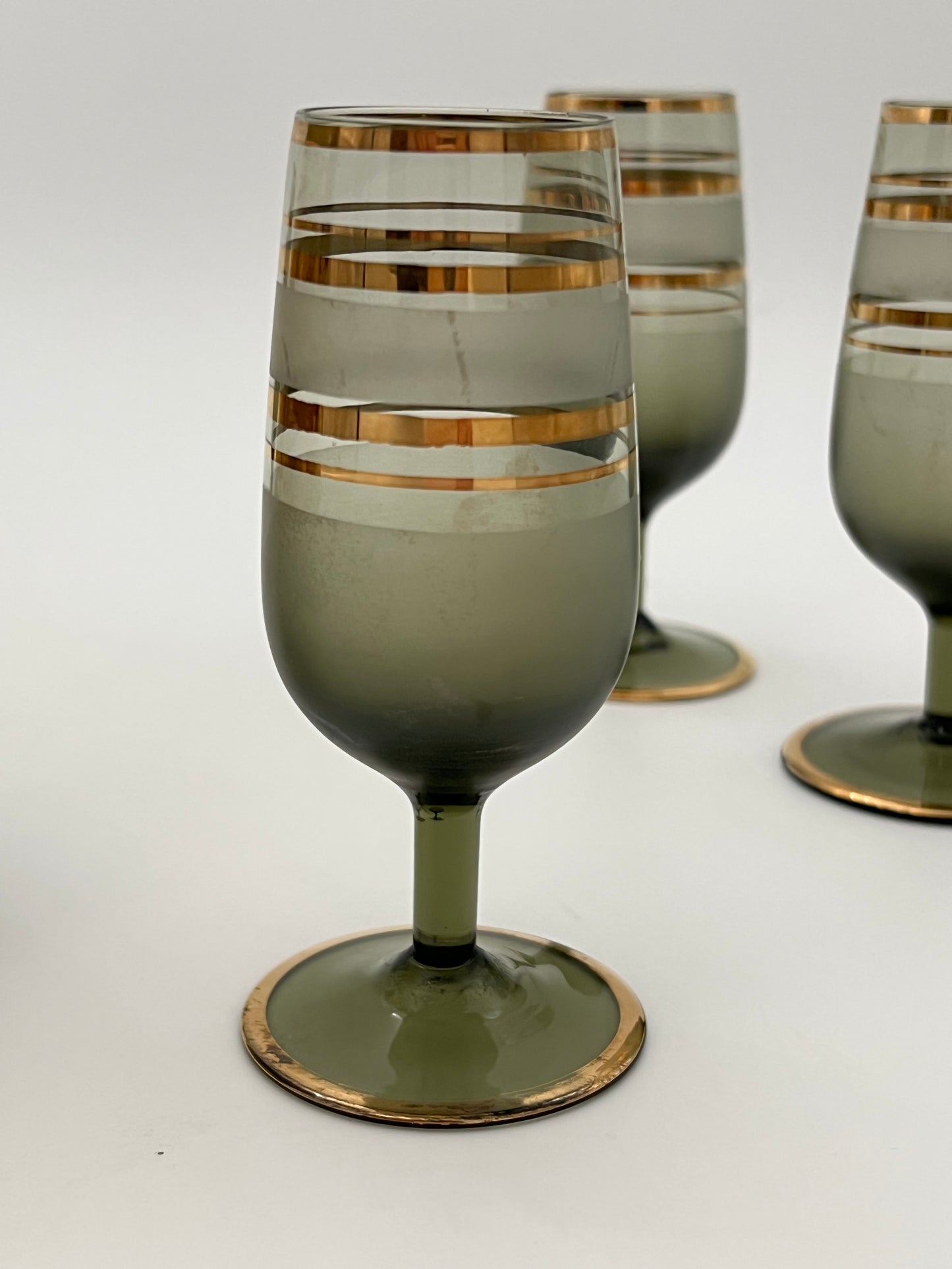 1950s CZECH ASH GREEN AND GOLD ORIGINAL TAG BOHEMIAN WINE DECANTER SET