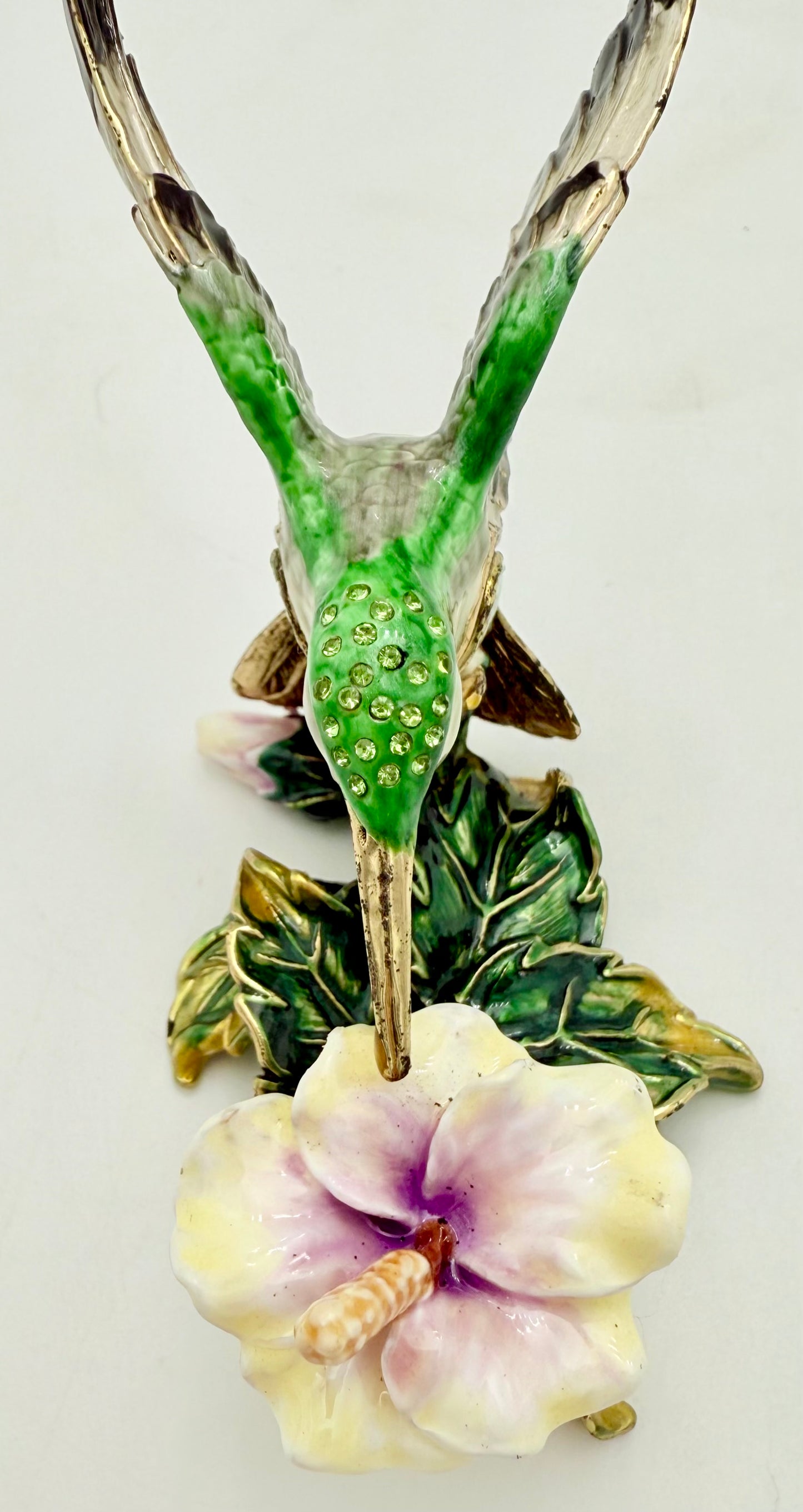 VINTAGE GREEN HUMMINGBIRD WITH CRYSTALS JEWELRY/TRINKET BOX