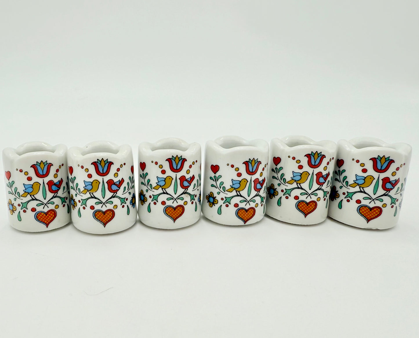 SET OF 6 VINTAGE BAVARIAN PORCELAIN BIRD AND HEART MINI CANDLESTICK HOLDERS, 1980S