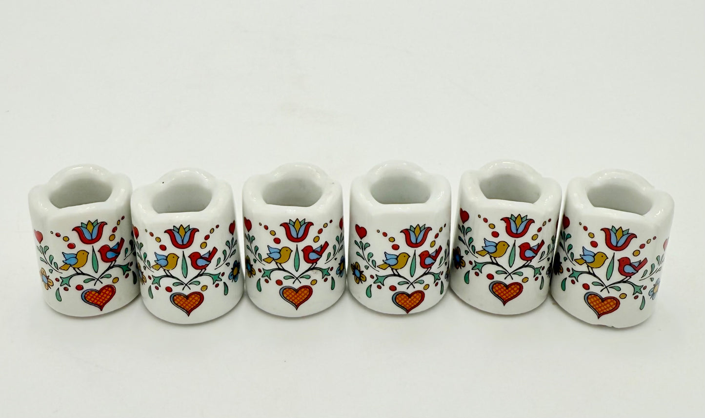 SET OF 6 VINTAGE BAVARIAN PORCELAIN BIRD AND HEART MINI CANDLESTICK HOLDERS, 1980S