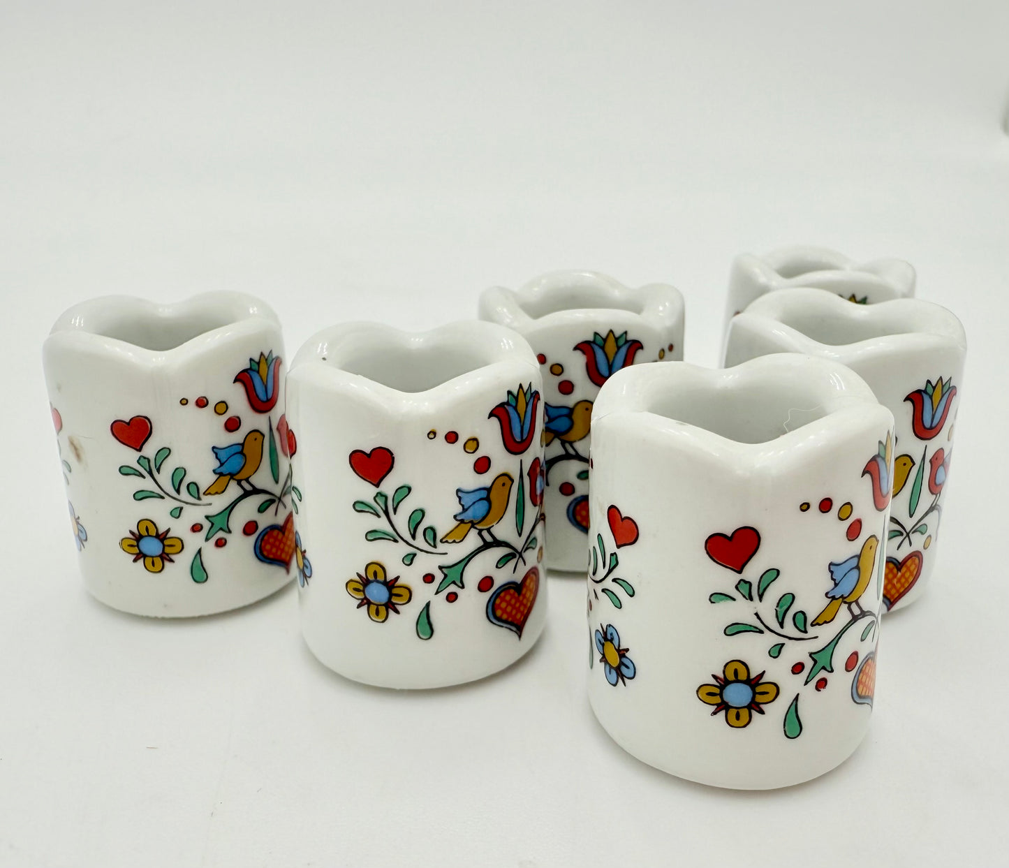 SET OF 6 VINTAGE BAVARIAN PORCELAIN BIRD AND HEART MINI CANDLESTICK HOLDERS, 1980S
