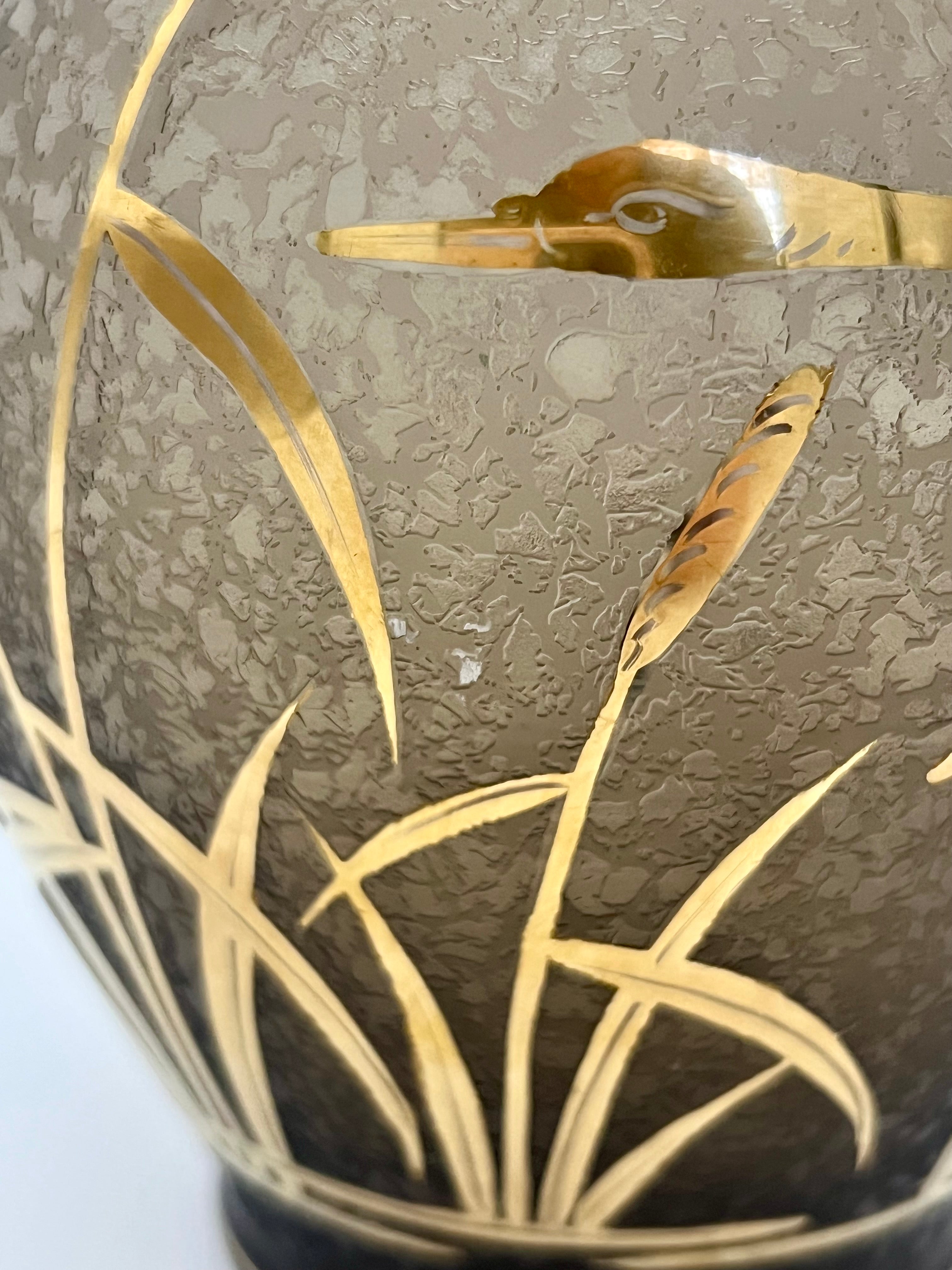 Vintage Cofrac France Art Verrier Vase – Frosted Glass with 24k Gold Cranes, 1970s French Art Deco Revival Home Decor