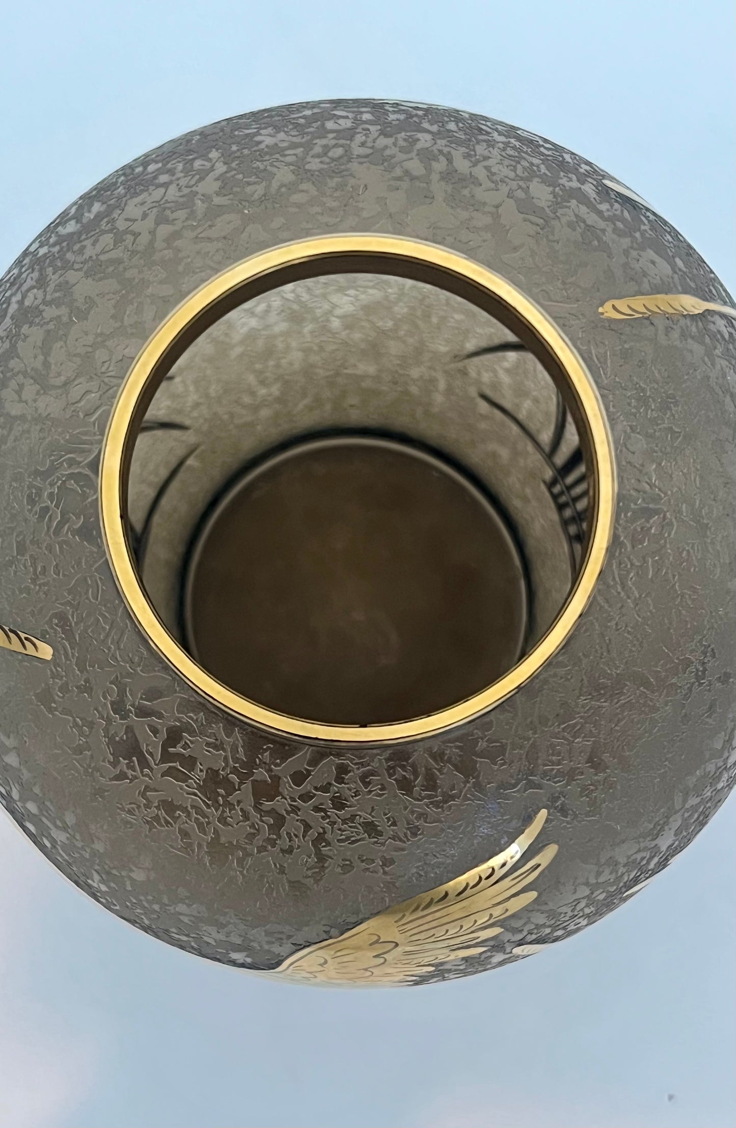 Vintage Cofrac France Art Verrier Vase – Frosted Glass with 24k Gold Cranes, 1970s French Art Deco Revival Home Decor