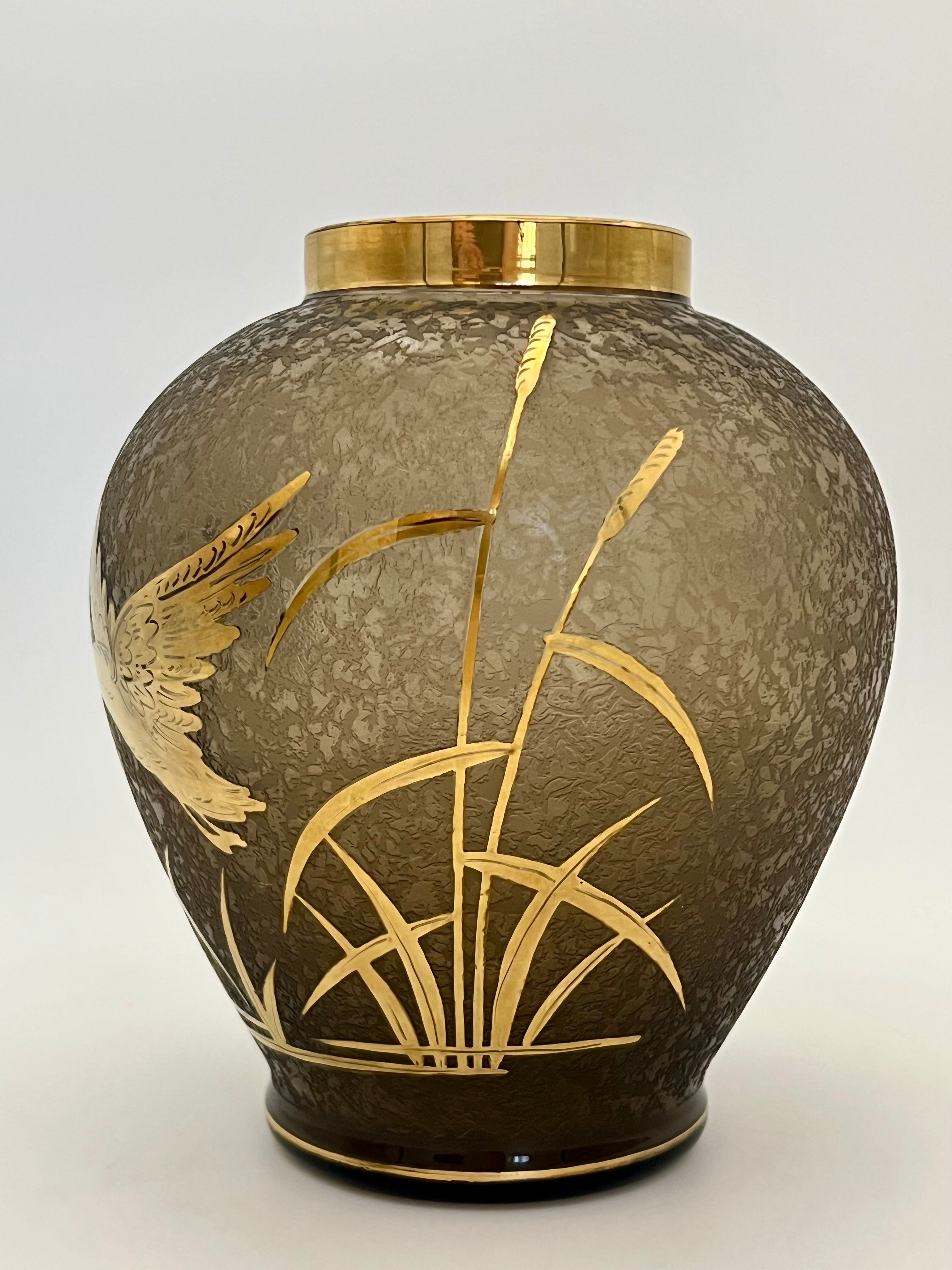 Vintage Cofrac France Art Verrier Vase – Frosted Glass with 24k Gold Cranes, 1970s French Art Deco Revival Home Decor