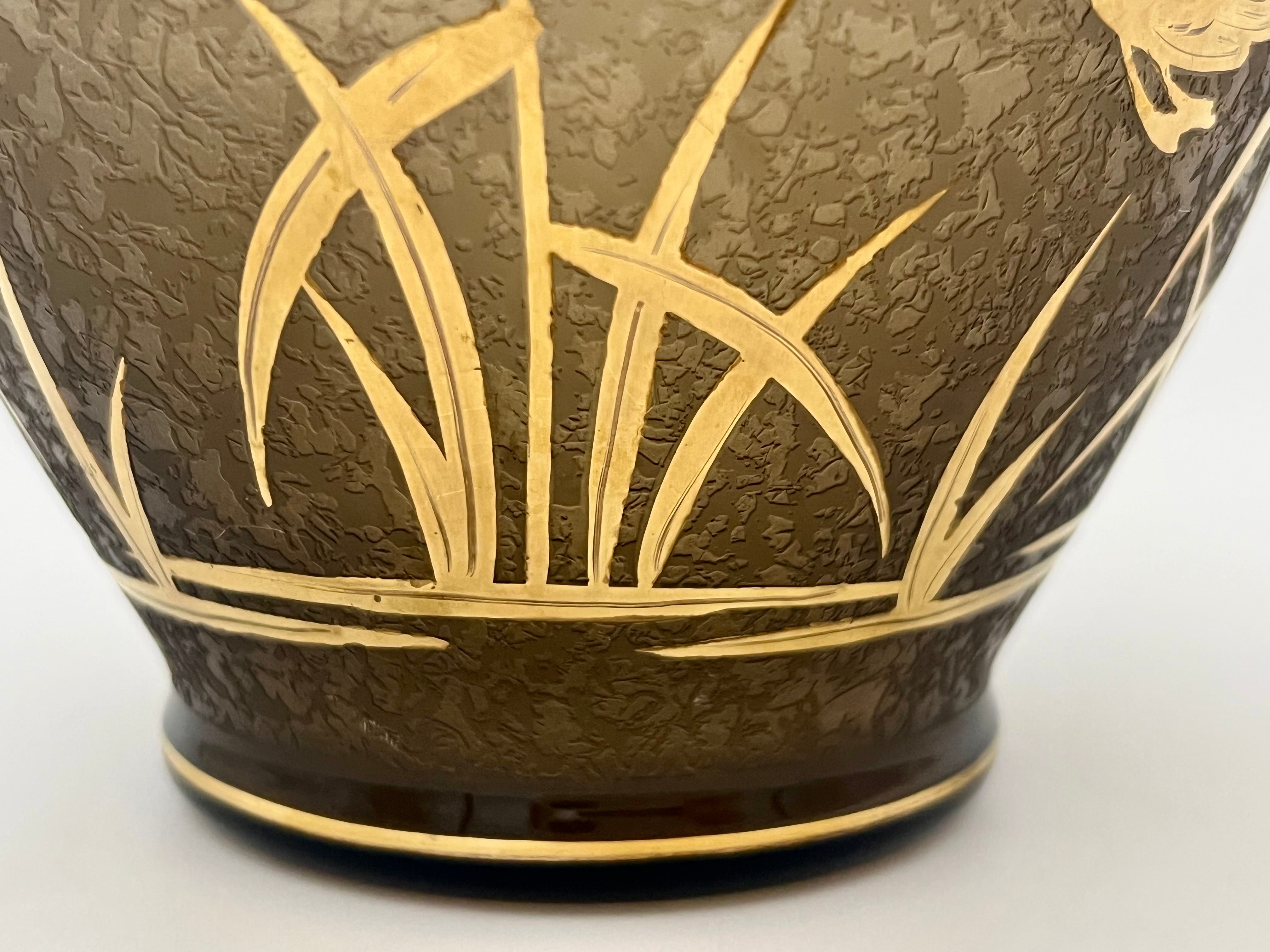Vintage Cofrac France Art Verrier Vase – Frosted Glass with 24k Gold Cranes, 1970s French Art Deco Revival Home Decor
