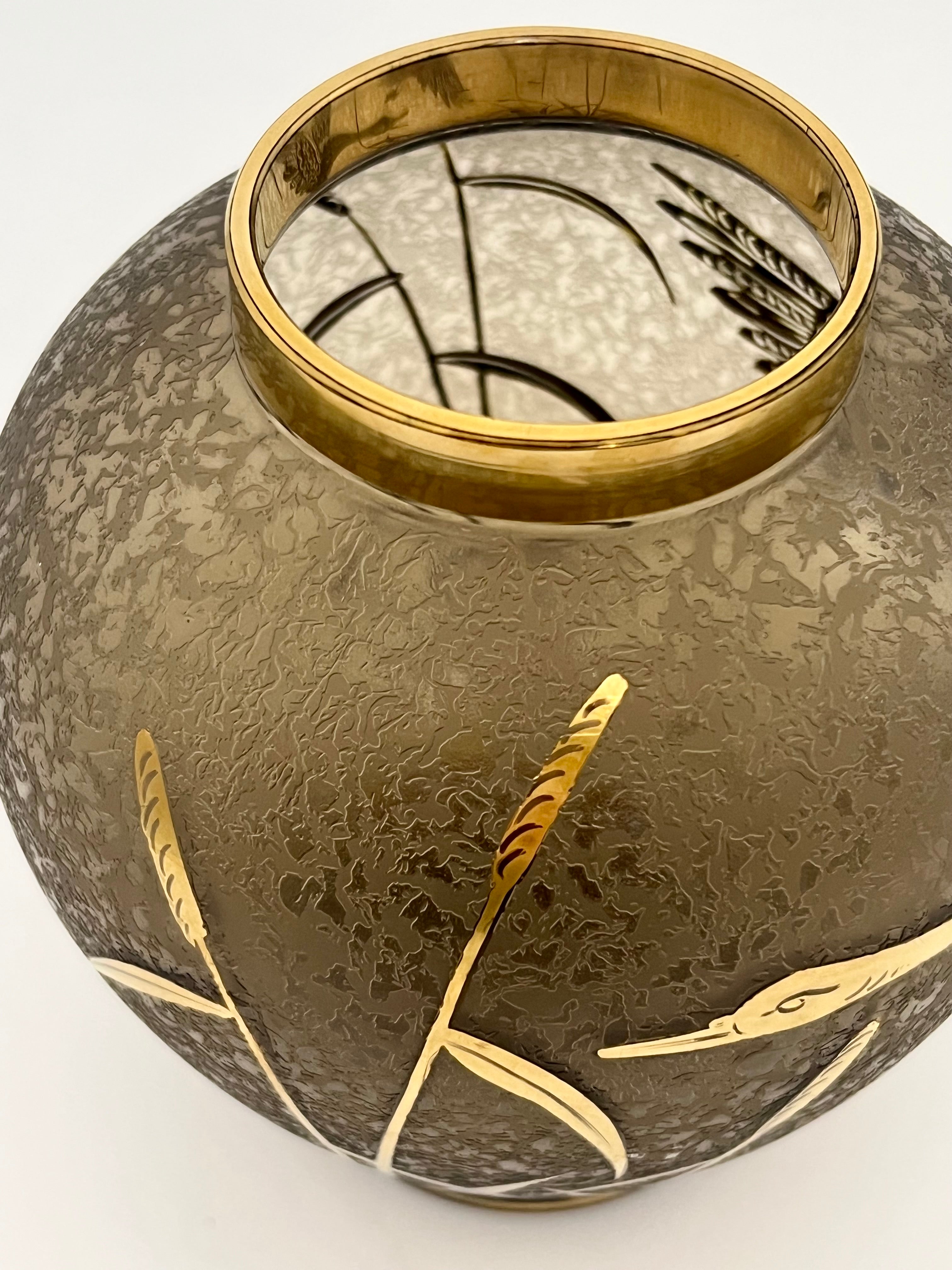 Vintage Cofrac France Art Verrier Vase – Frosted Glass with 24k Gold Cranes, 1970s French Art Deco Revival Home Decor