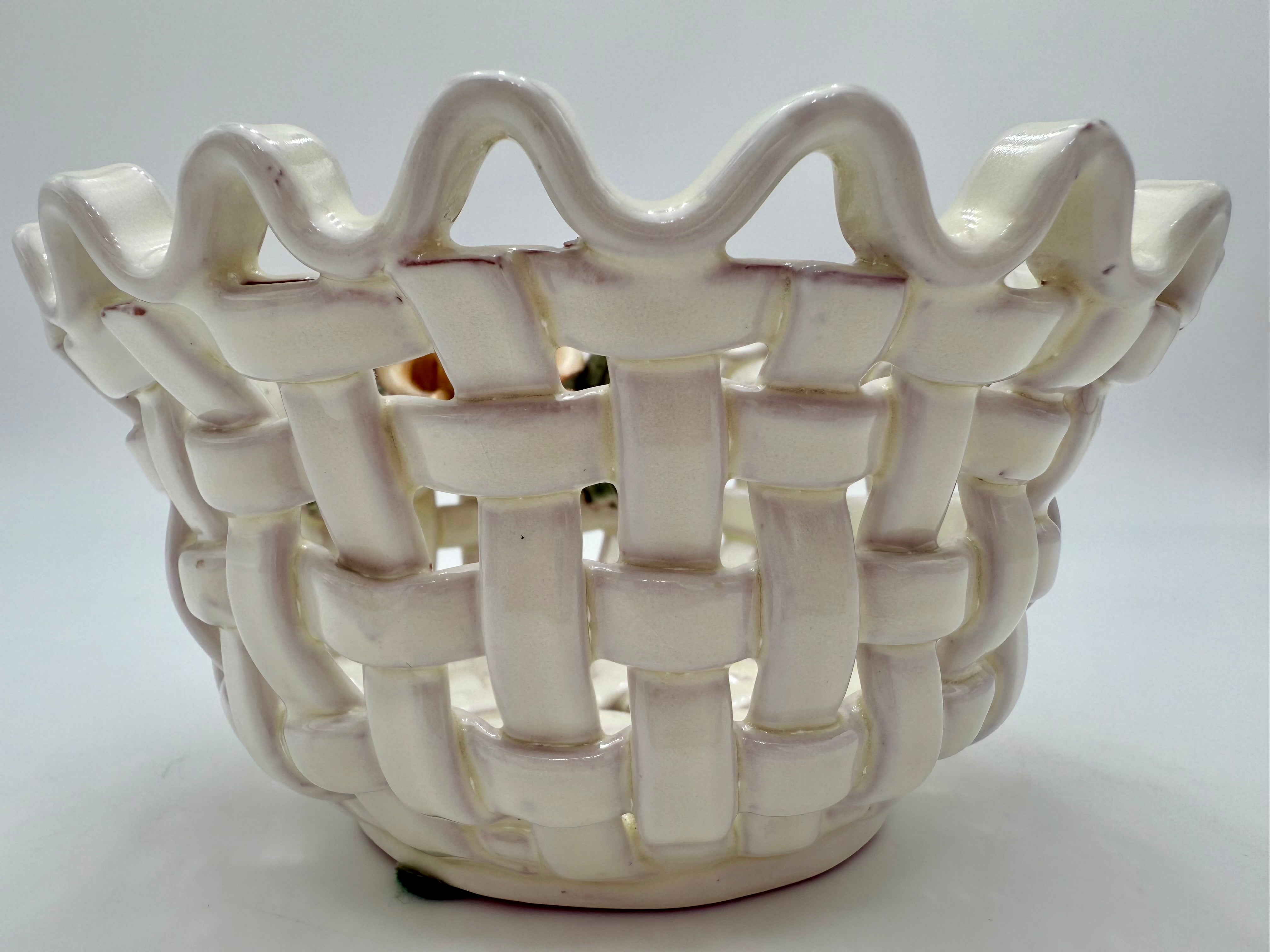 VINTAGE ITALIAN PORCELAIN SCALLOPED LATTICE BASKET BOWL WITH APPLIED ROSE | CAPODIMONTE STYLE | 1960s–1970s