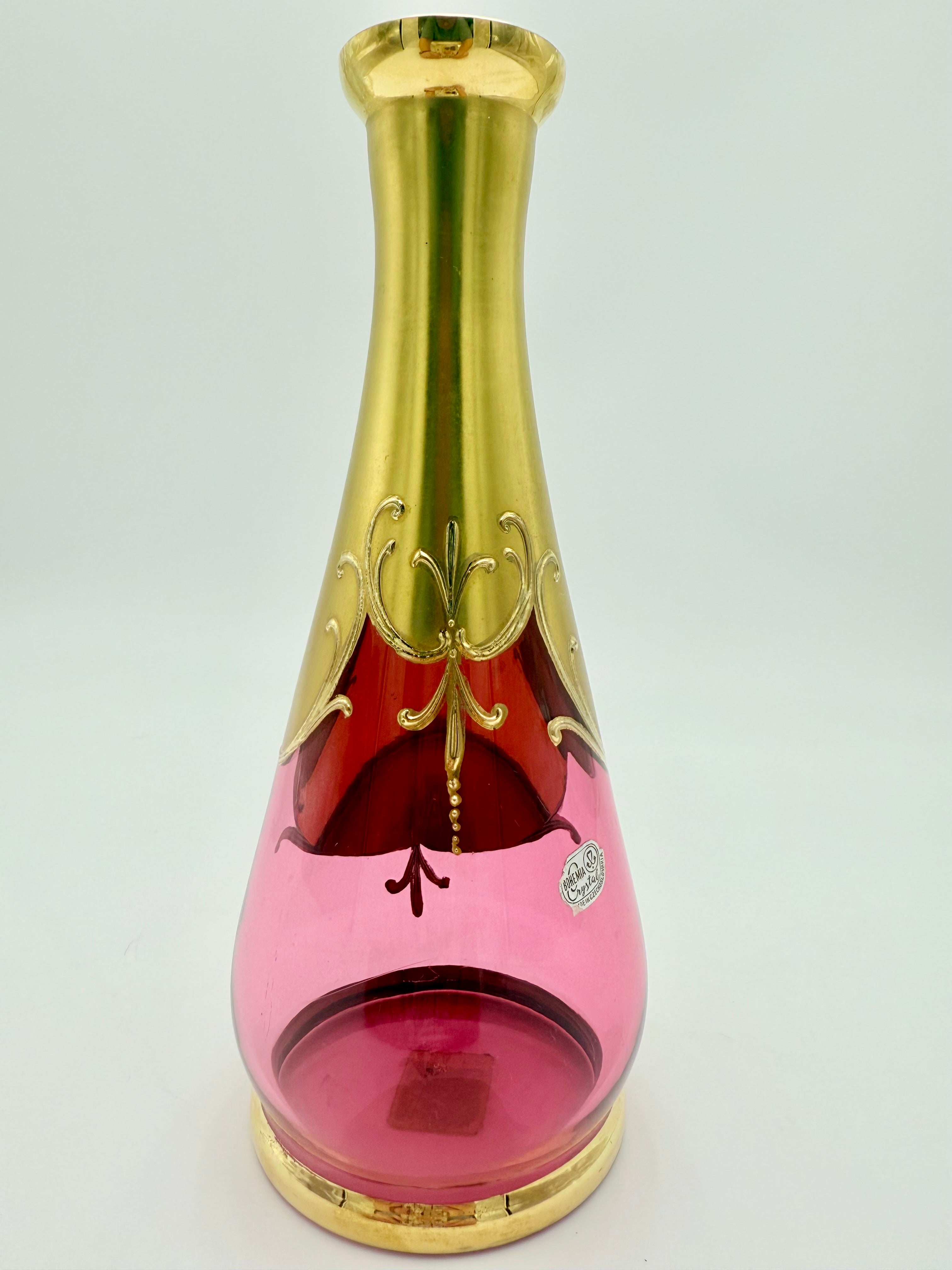 VINTAGE BOHEMIA CRYSTAL ENAMELED GOLD VASE – HAND PAINTED CZECH GLASS FLORAL DECOR – ELEGANT 8.5 INCH