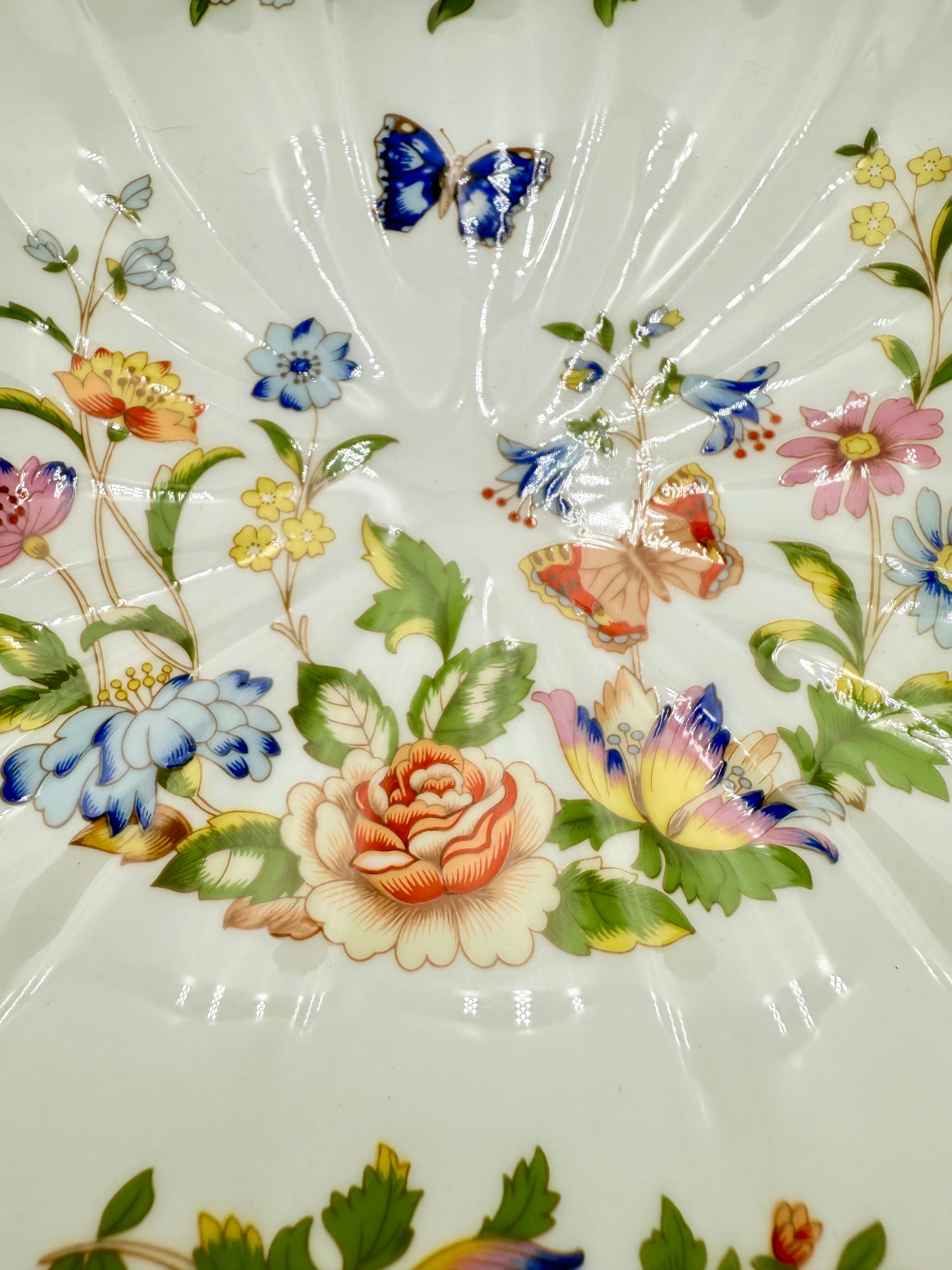 ANSLEY COTTAGE GARDEN SCALLOPED SHELL DISH VINTAGE ENGLISH BONE CHINA FLORAL BUTTERFLY DECORATIVE BOWL