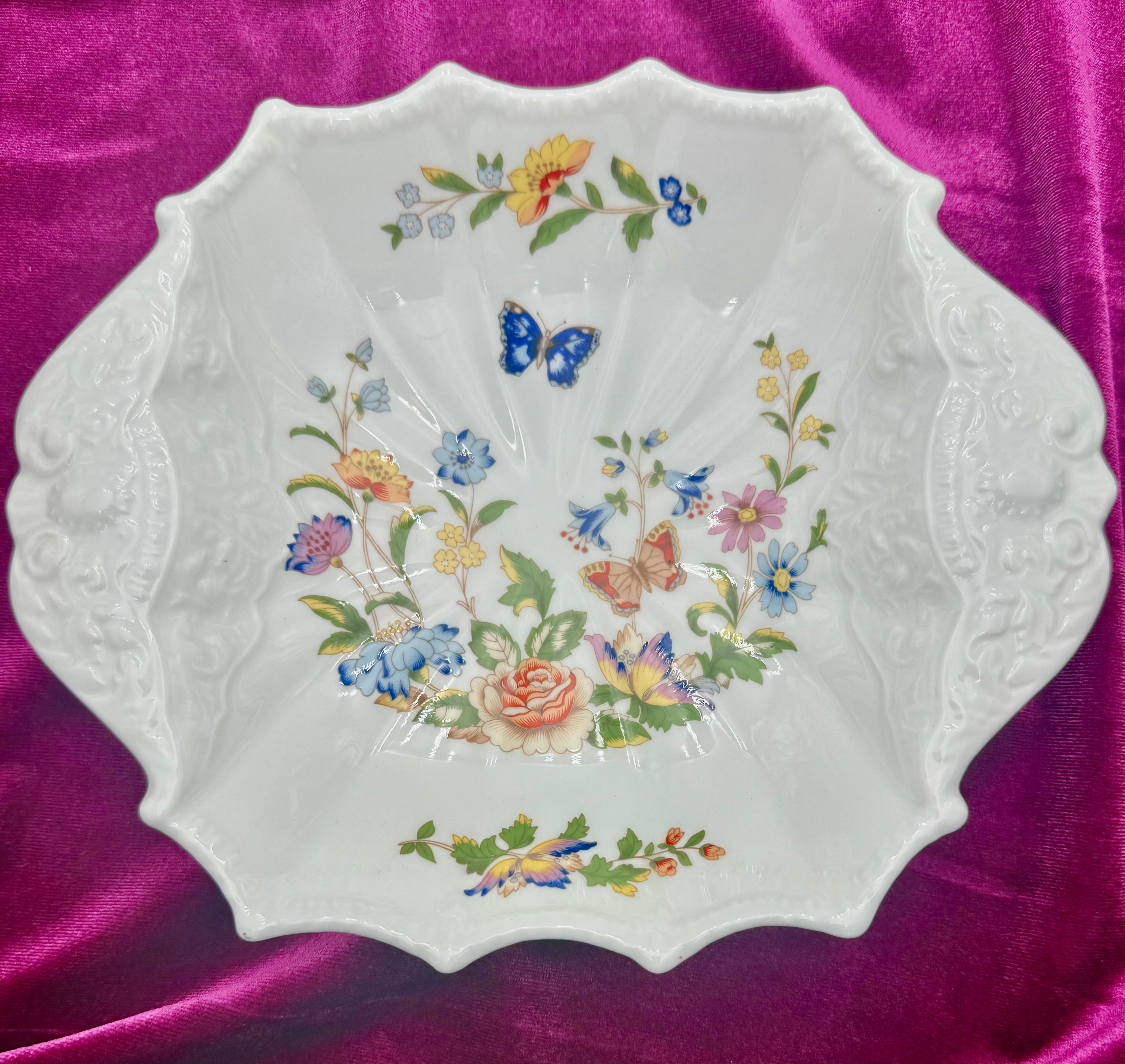 ANSLEY COTTAGE GARDEN SCALLOPED SHELL DISH VINTAGE ENGLISH BONE CHINA FLORAL BUTTERFLY DECORATIVE BOWL
