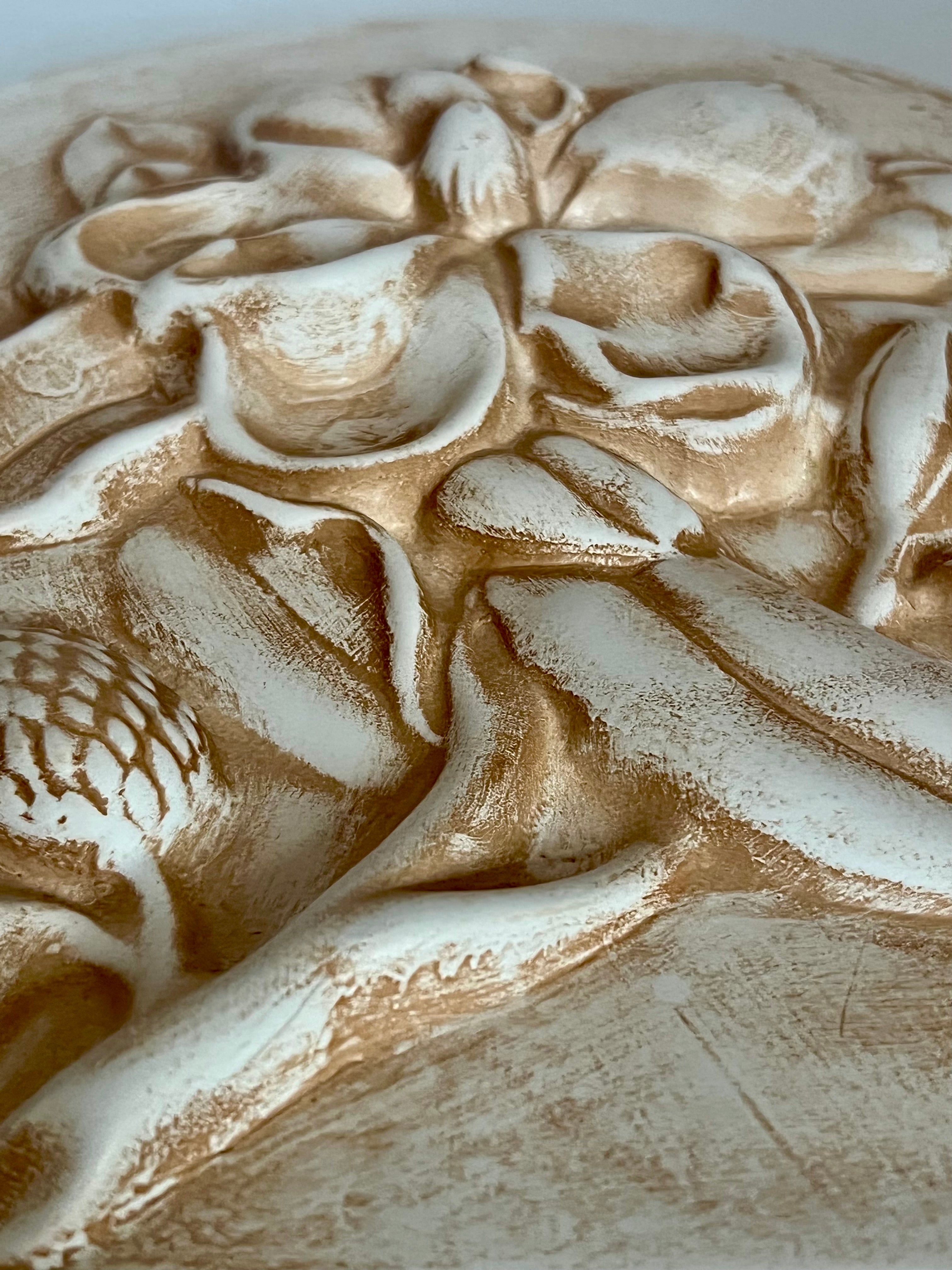ARCH-TOP PLASTER MAGNOLIA WALL PLAQUE • Circa 1990s • Antiqued Cream & Ochre Botanical Relief • 11″H × 10″W