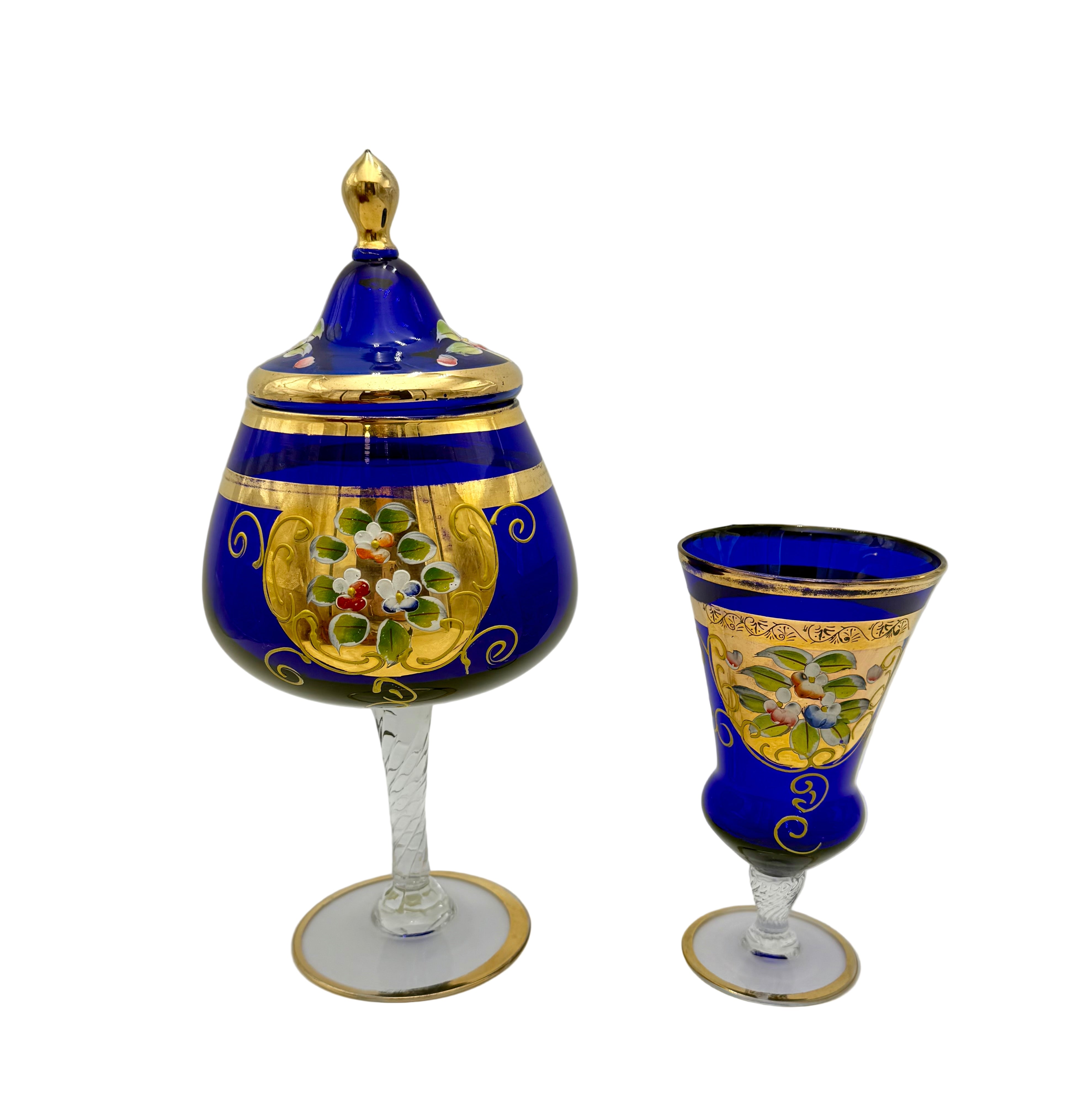 VINTAGE BOHEMIAN COBALT BLUE ENAMEL & GOLD GILT COVERED CANDY DISH (WITH LID)