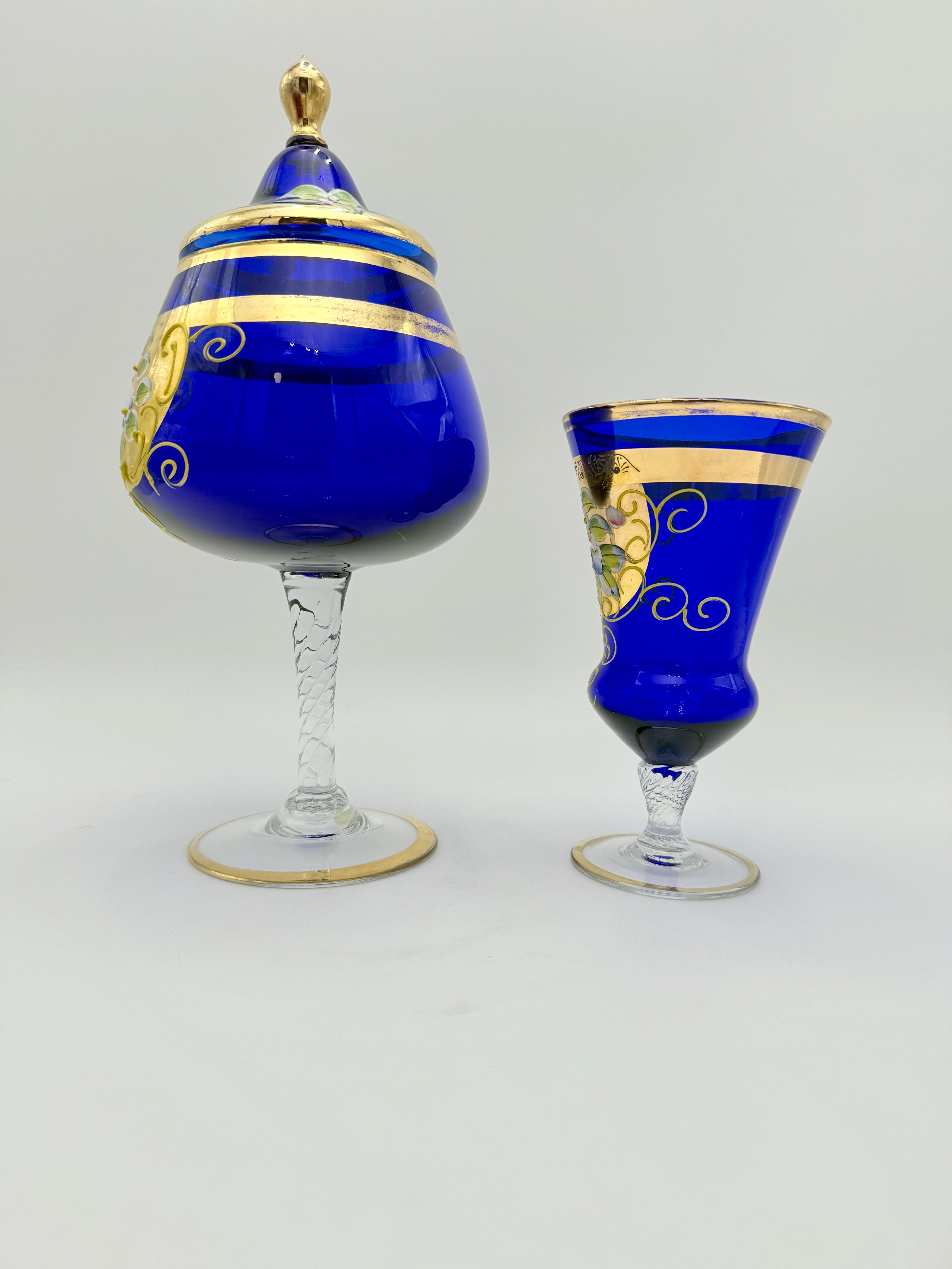 VINTAGE BOHEMIAN COBALT BLUE ENAMEL & GOLD GILT COVERED CANDY DISH (WITH LID)