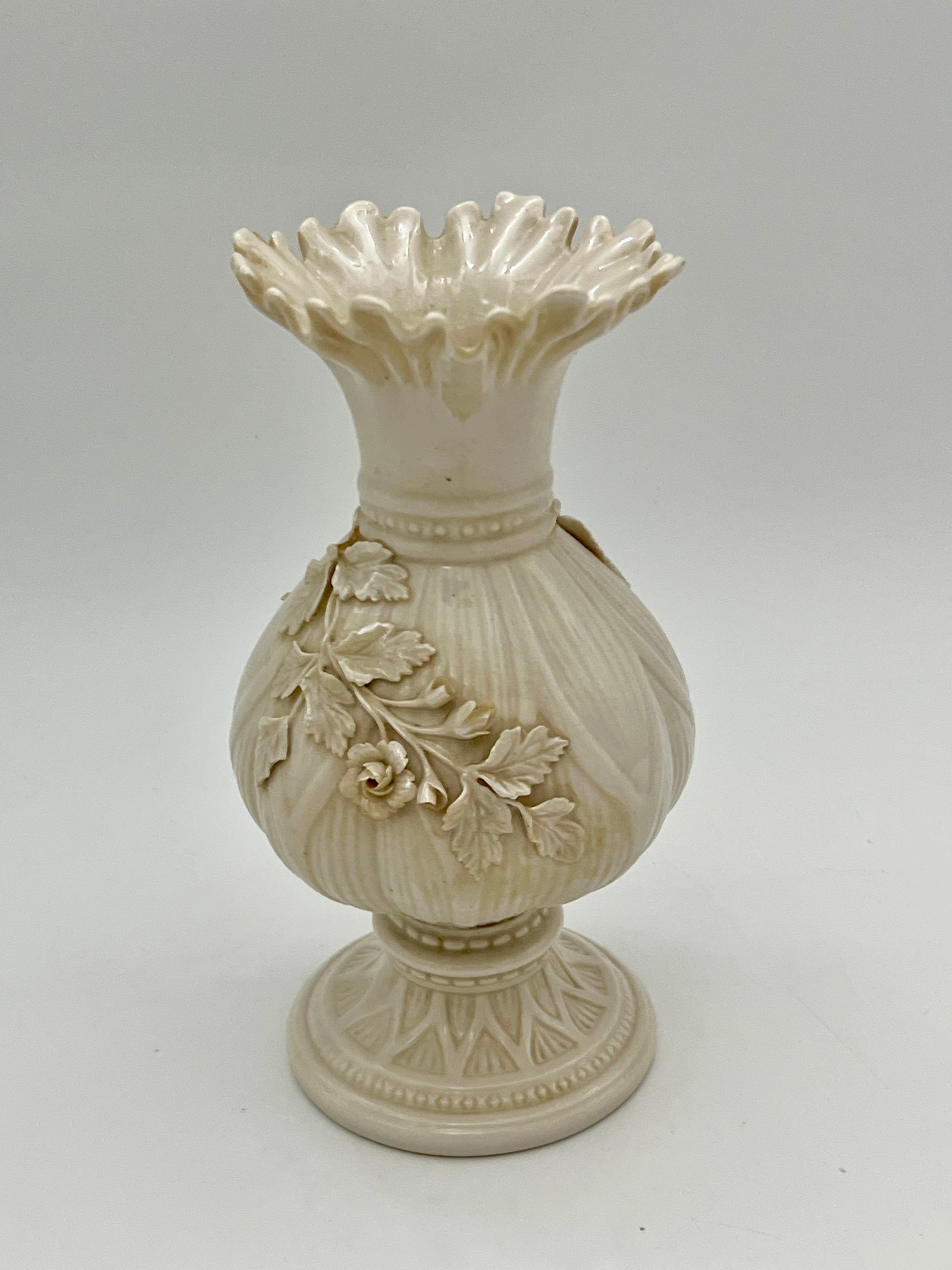 ANTIQUE BELLEEK PORCELAIN VASE 4TH GREEN MARK IRISH PARIAN FLORAL RELIEF
