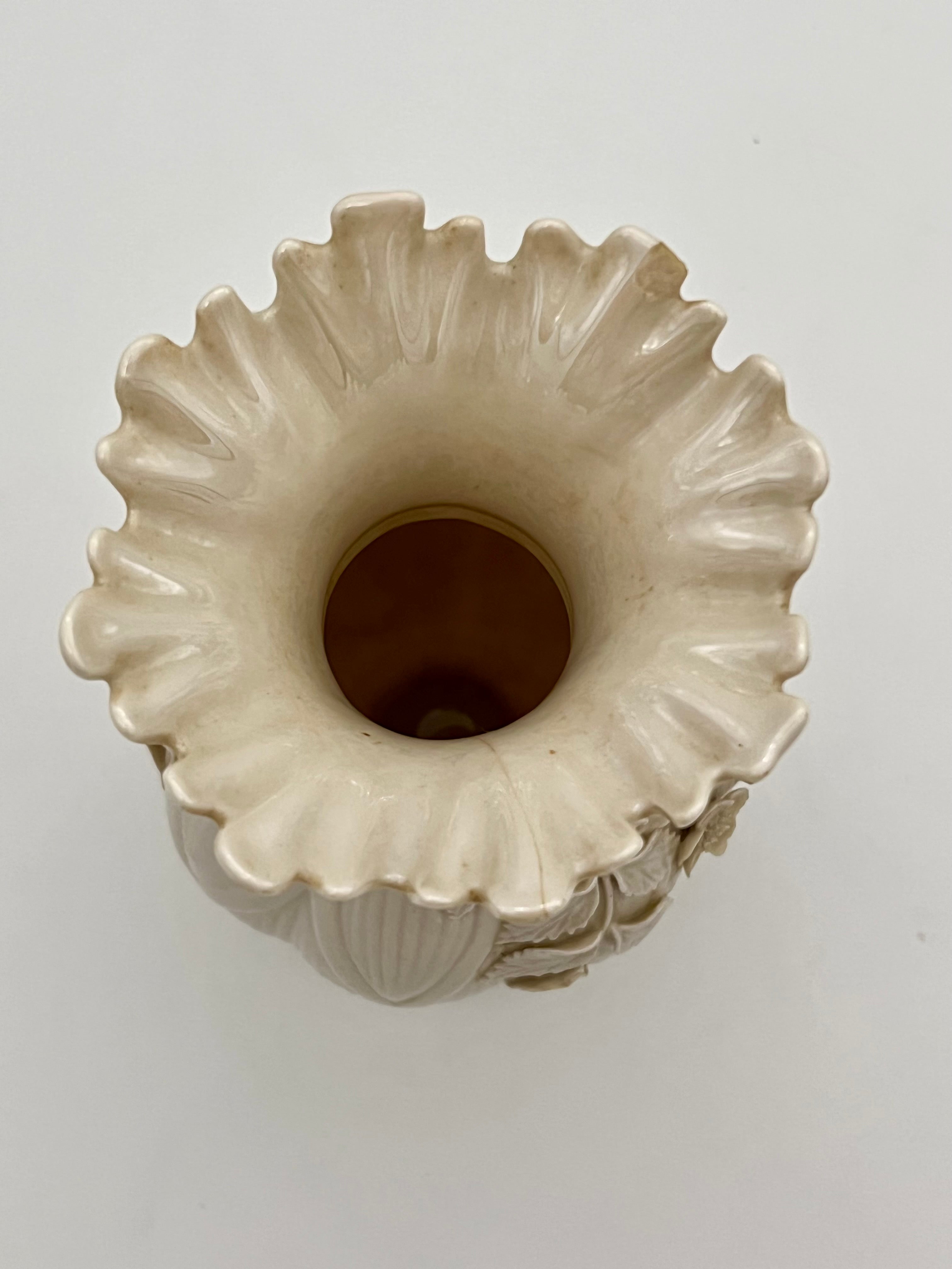ANTIQUE BELLEEK PORCELAIN VASE 4TH GREEN MARK IRISH PARIAN FLORAL RELIEF