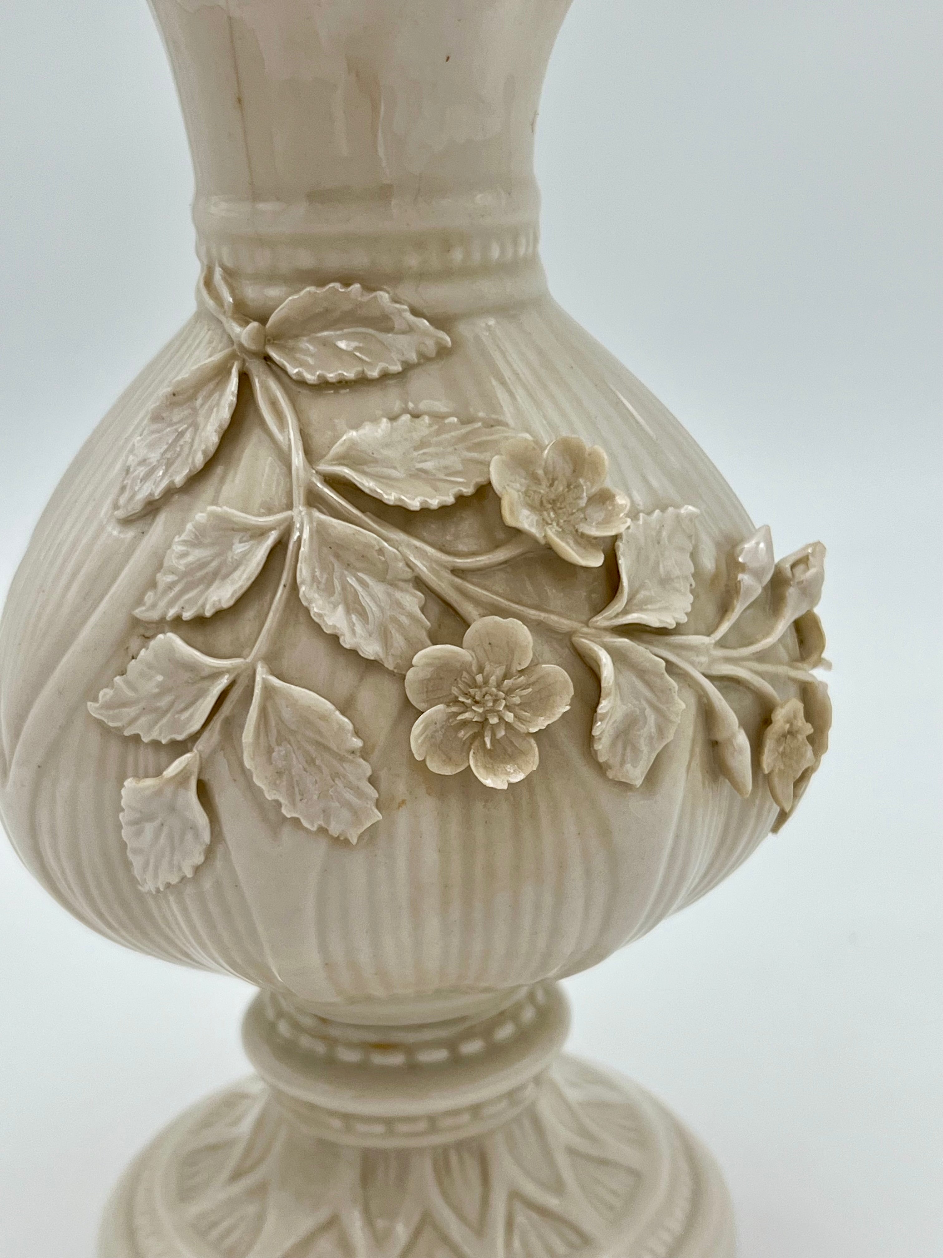 ANTIQUE BELLEEK PORCELAIN VASE 4TH GREEN MARK IRISH PARIAN FLORAL RELIEF