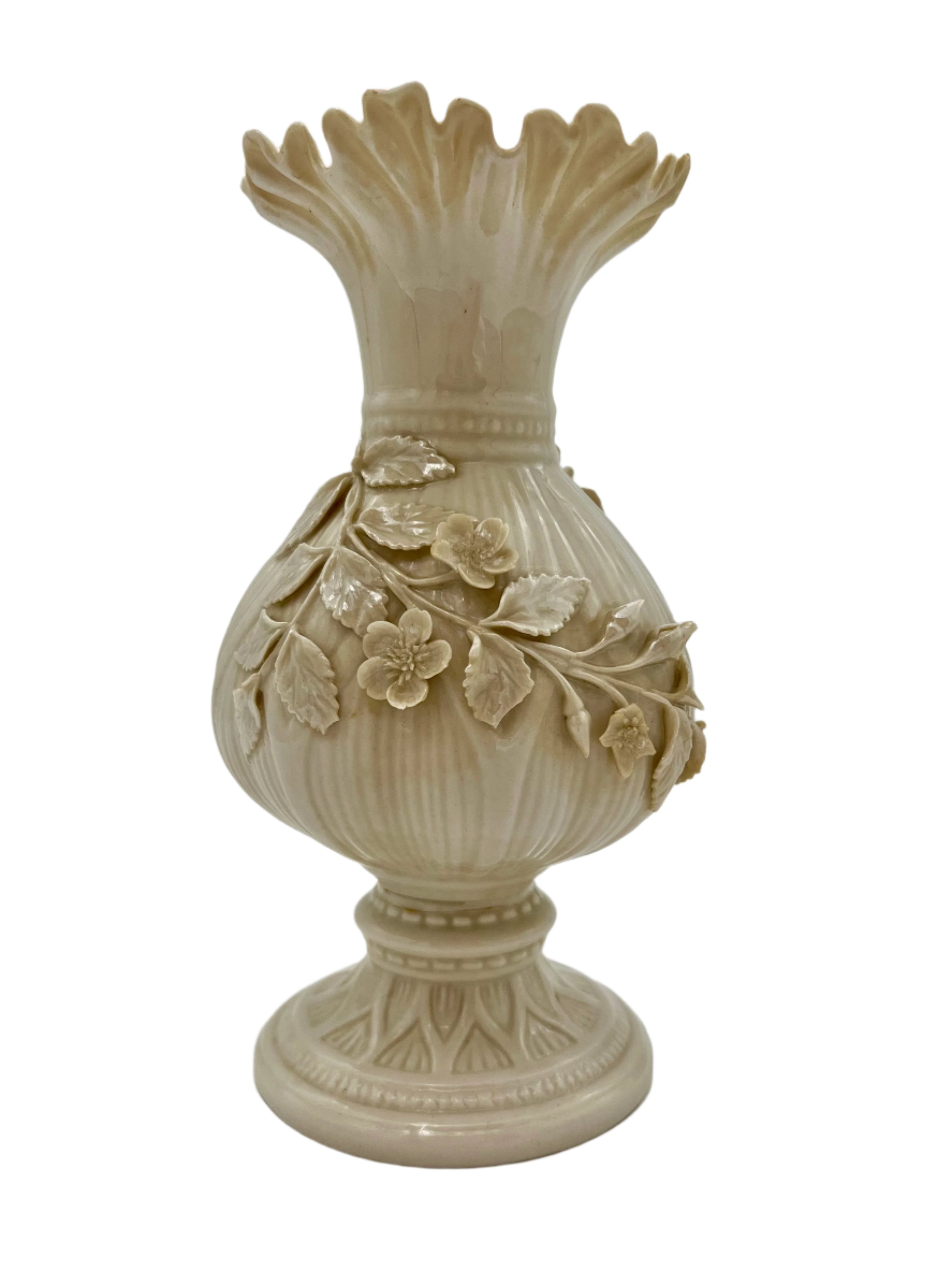 ANTIQUE BELLEEK PORCELAIN VASE 4TH GREEN MARK IRISH PARIAN FLORAL RELIEF