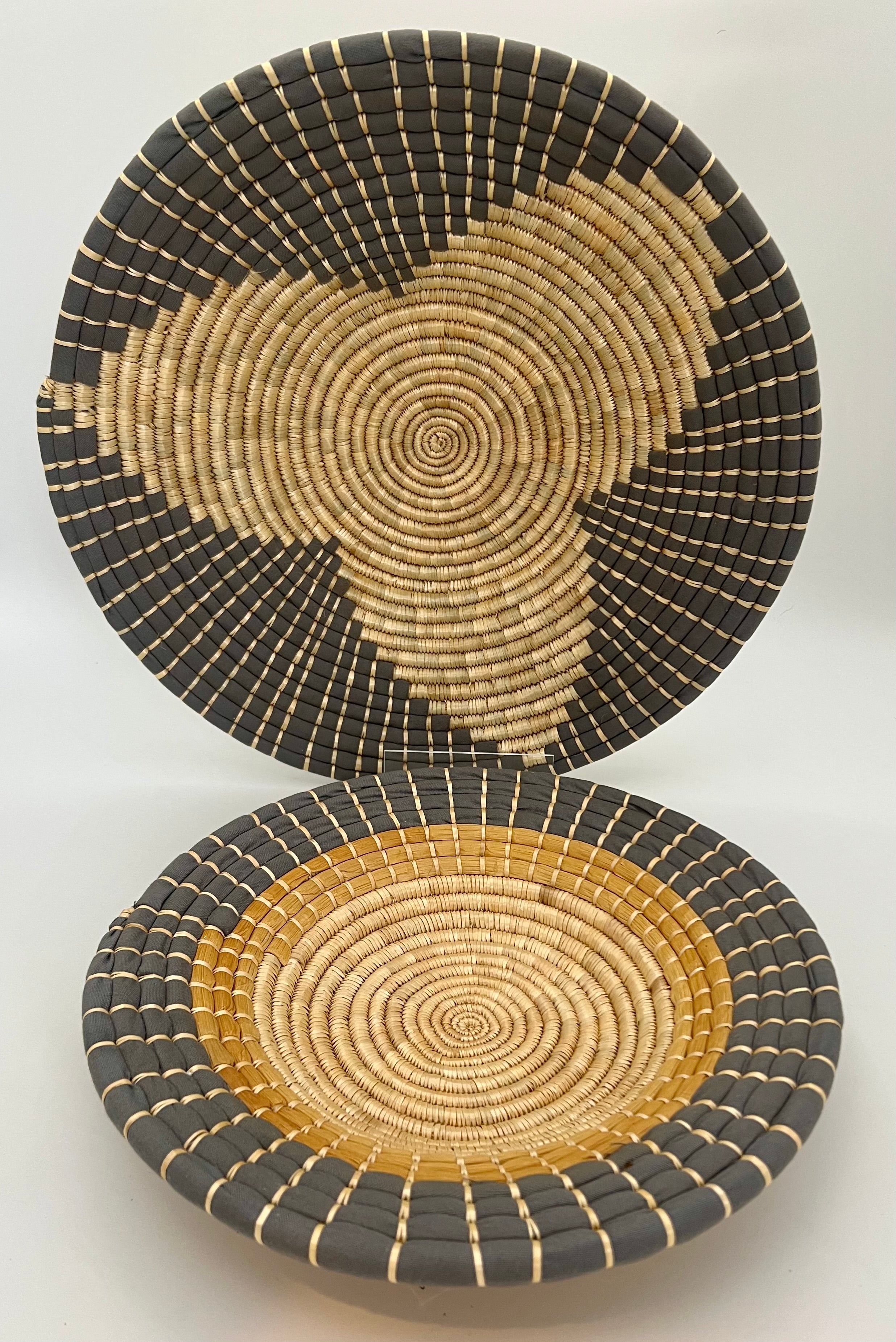 SET OF THREE VINTAGE BOHO AFRICAN WOVEN WALL PLATES – TANZANIA HANDMADE "MAUA" PATTERN