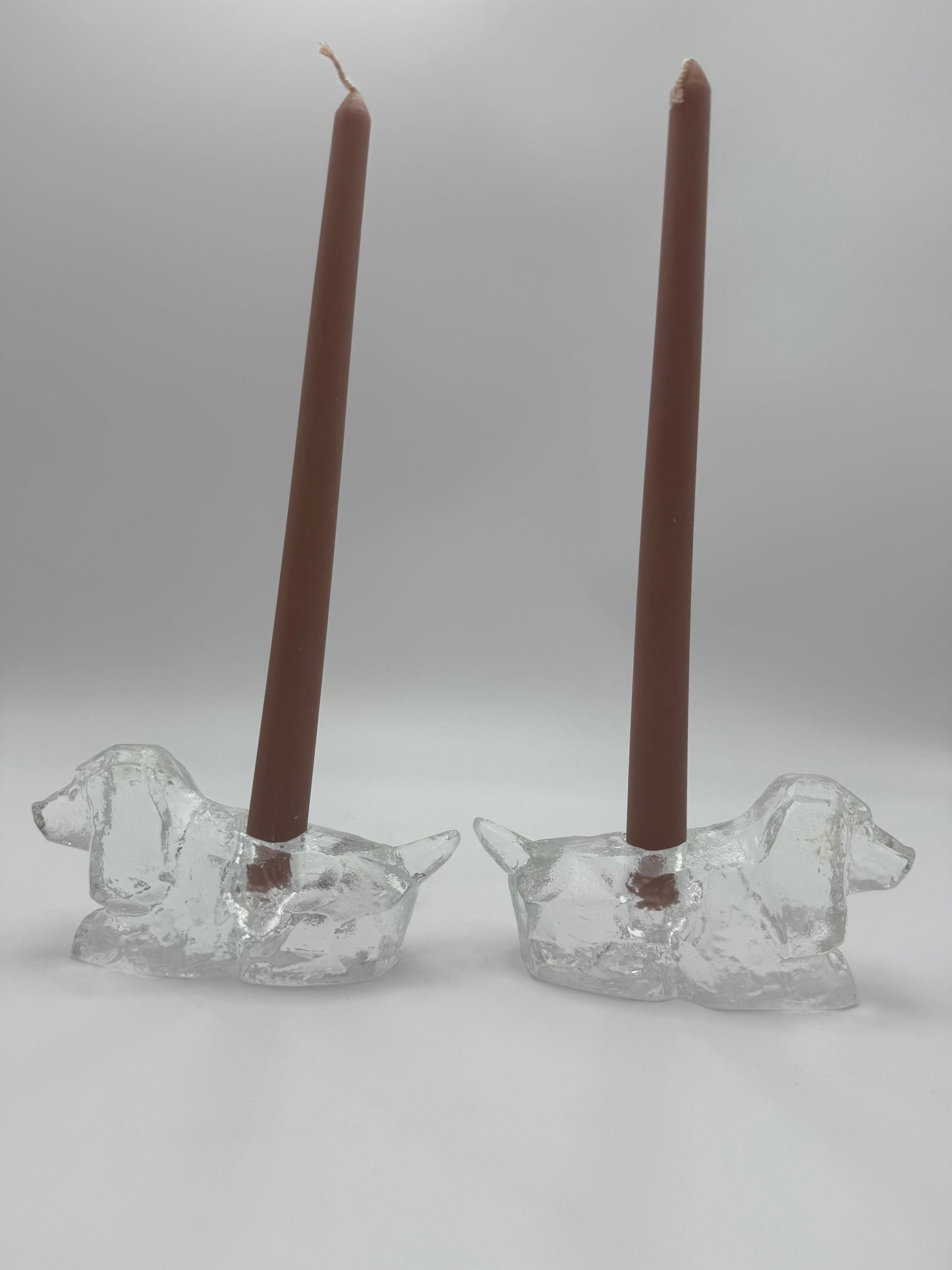 PAIR OF MIDCENTURY PUPPY HEAVY CRYSTAL CANDLESTICK HOLDERS