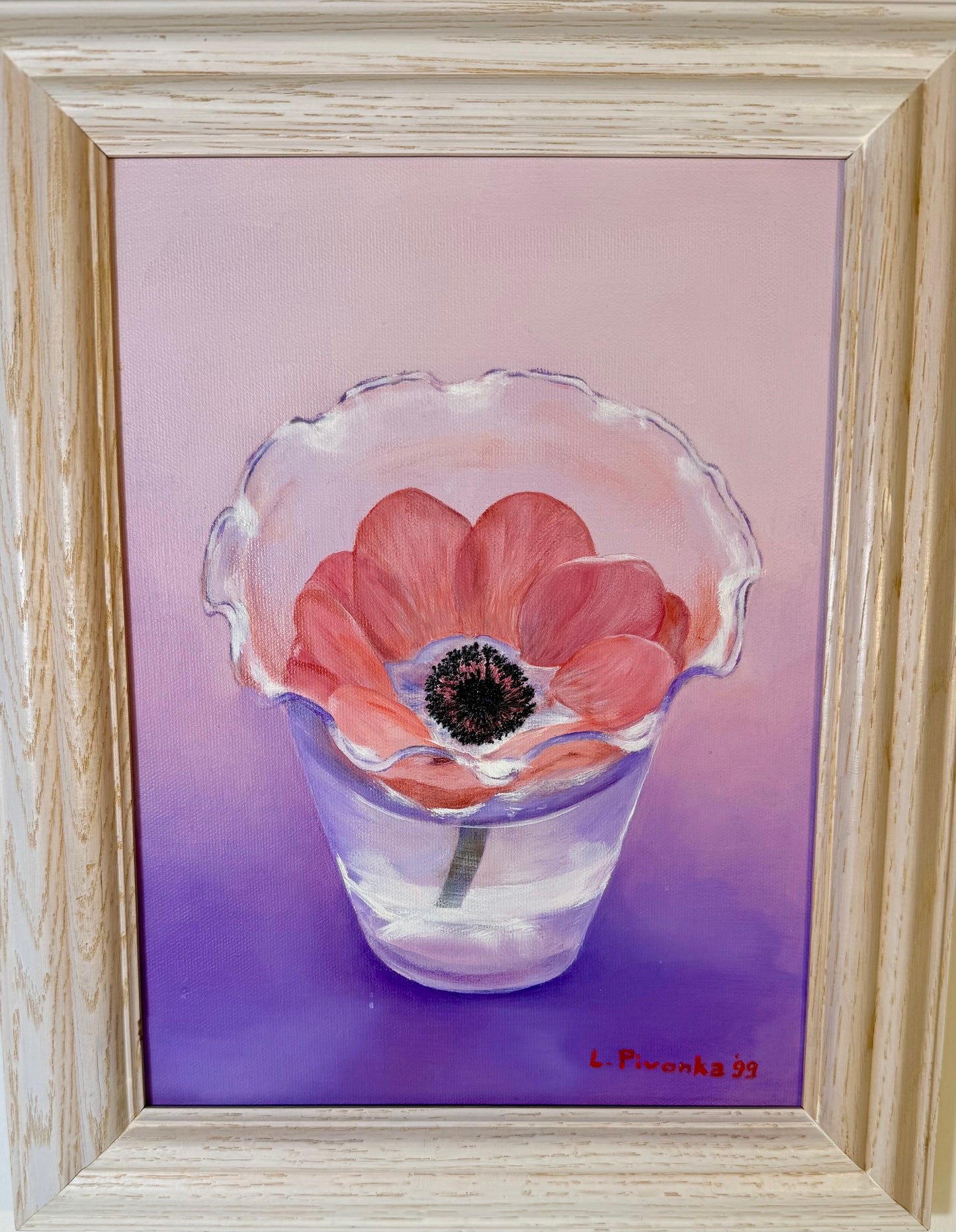 VINTAGE PINK PURPLE AND IVORY STILL LIFE FLOWER IN A GLASS