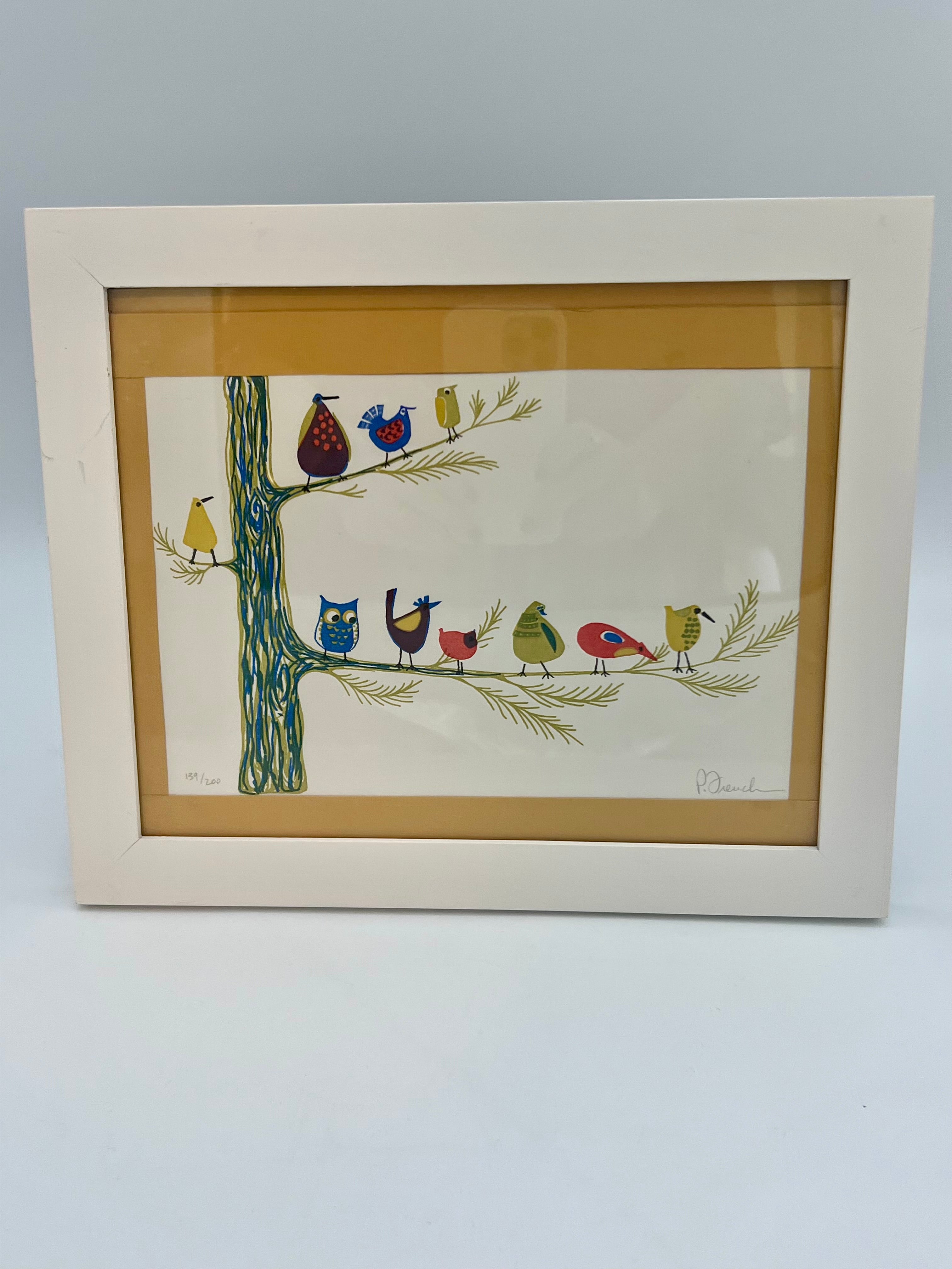 POLLY FRENCH LIMITED EDITION BIRD PRINT • 1970S WHIMSICAL ART • NUMBERED 139/200 • MID CENTURY STYLE • FRAMED WALL ART