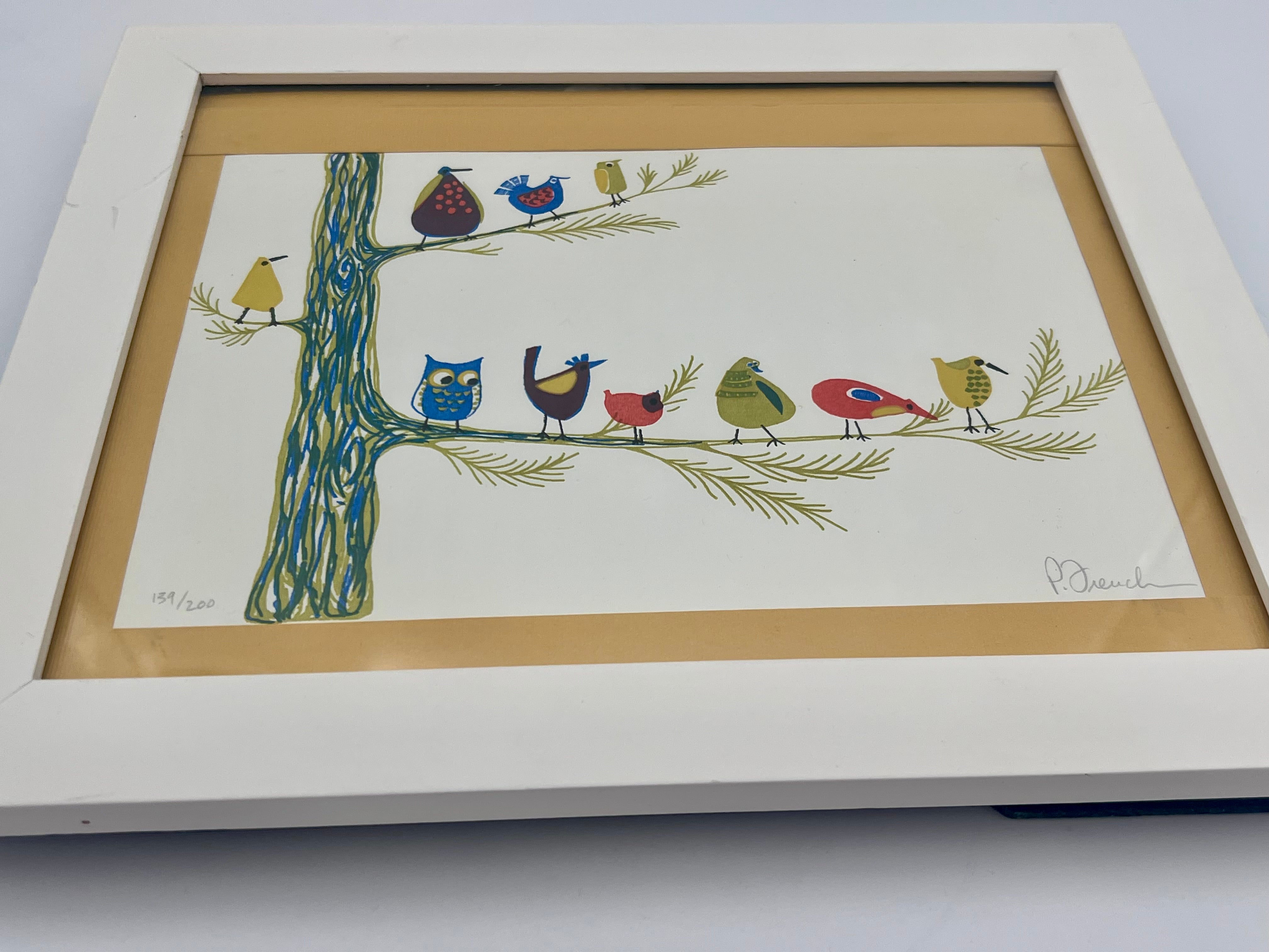 POLLY FRENCH LIMITED EDITION BIRD PRINT • 1970S WHIMSICAL ART • NUMBERED 139/200 • MID CENTURY STYLE • FRAMED WALL ART