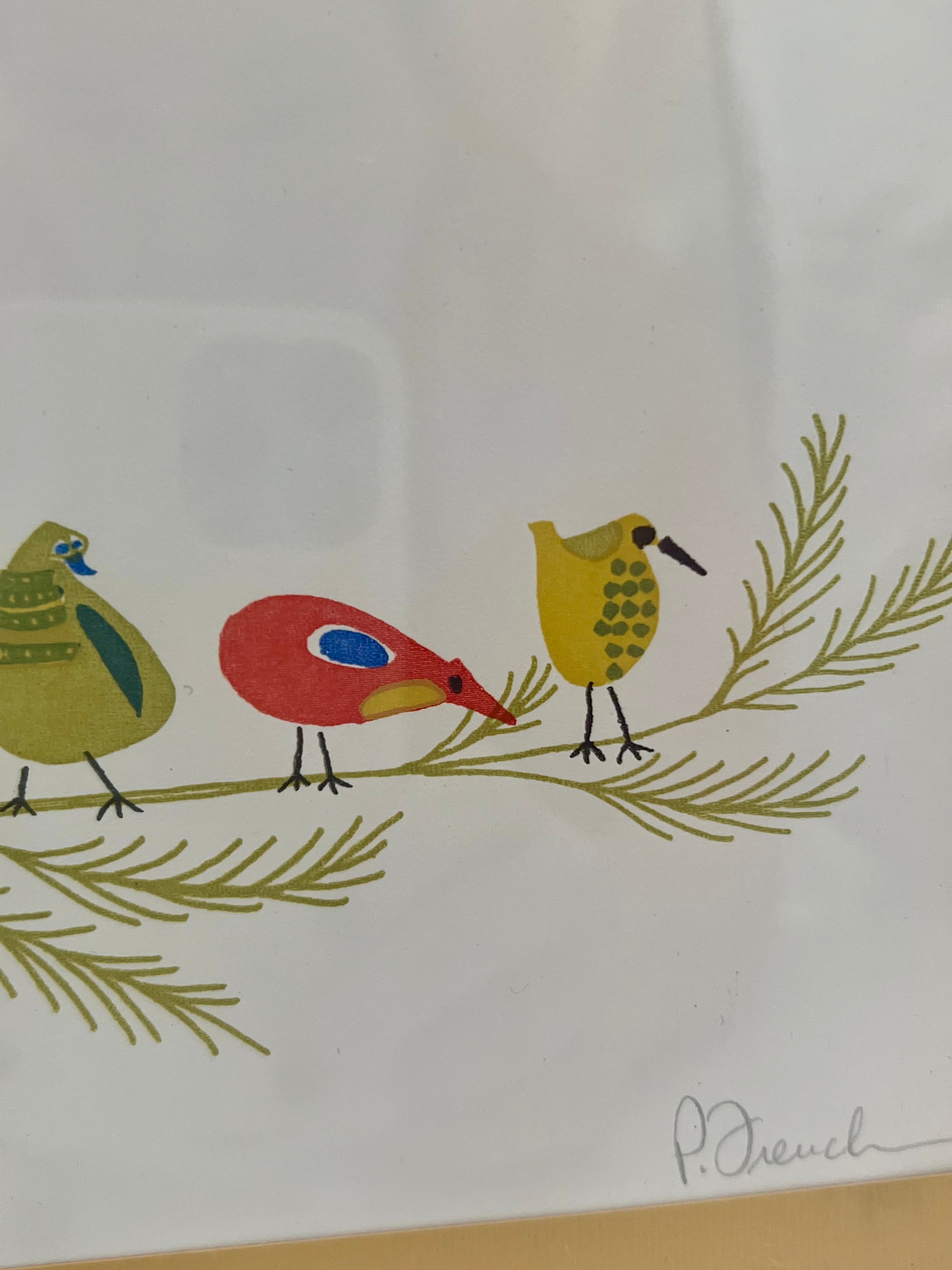 POLLY FRENCH LIMITED EDITION BIRD PRINT • 1970S WHIMSICAL ART • NUMBERED 139/200 • MID CENTURY STYLE • FRAMED WALL ART