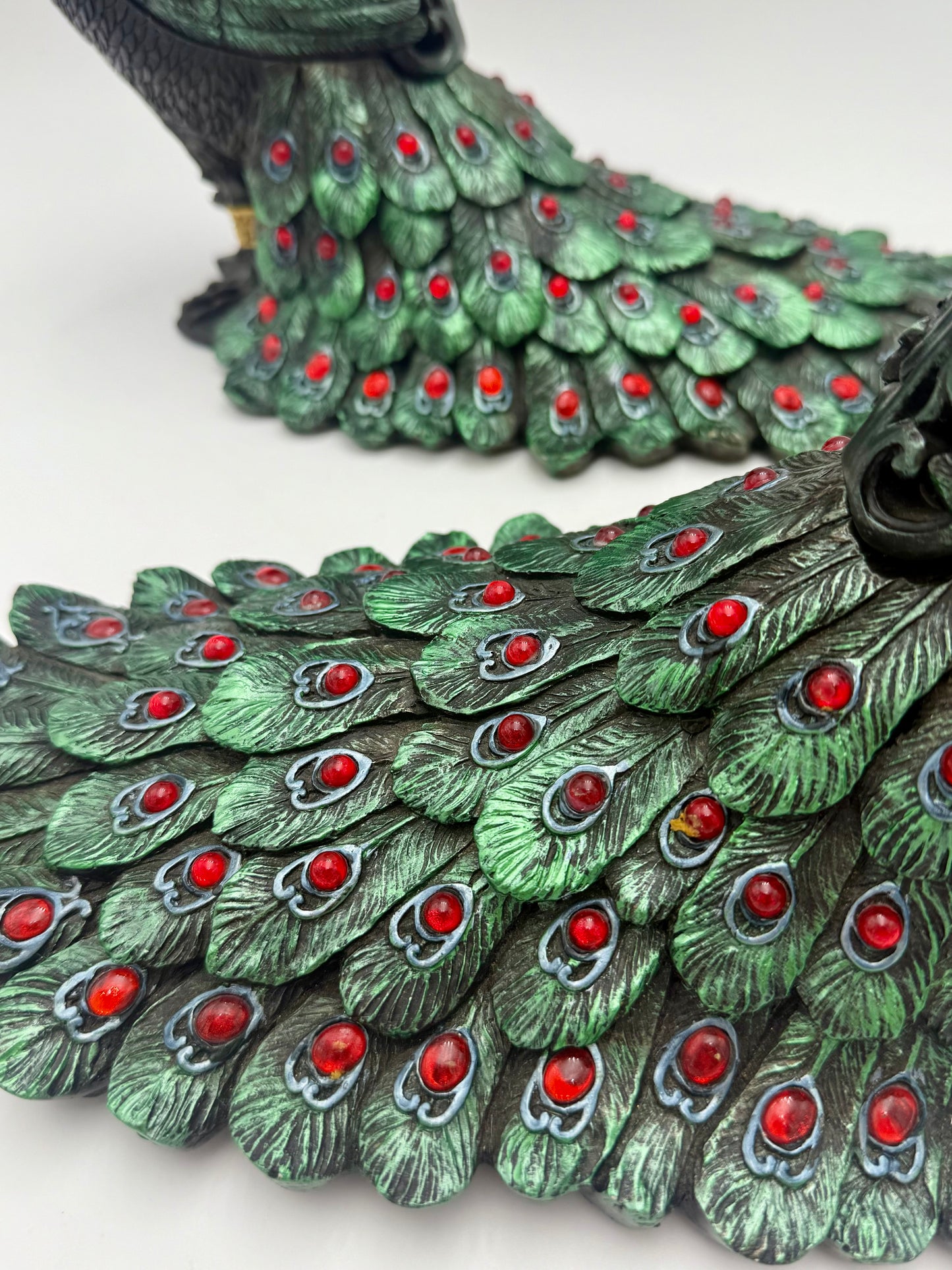 PAIR OF VINTAGE BLACK RED GREEN AND GOLD PEACOCKS WITH STORAGE