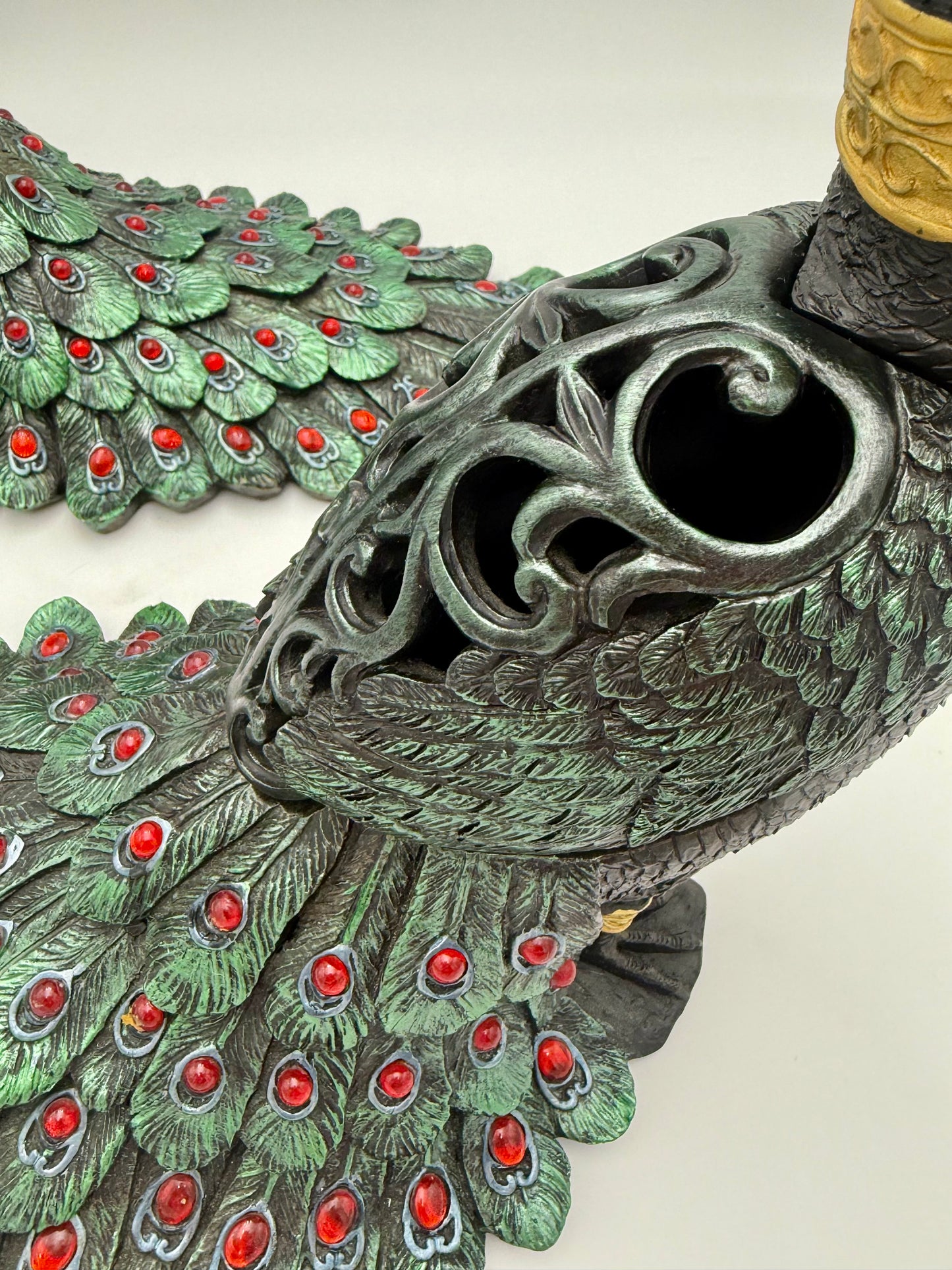 PAIR OF VINTAGE BLACK RED GREEN AND GOLD PEACOCKS WITH STORAGE