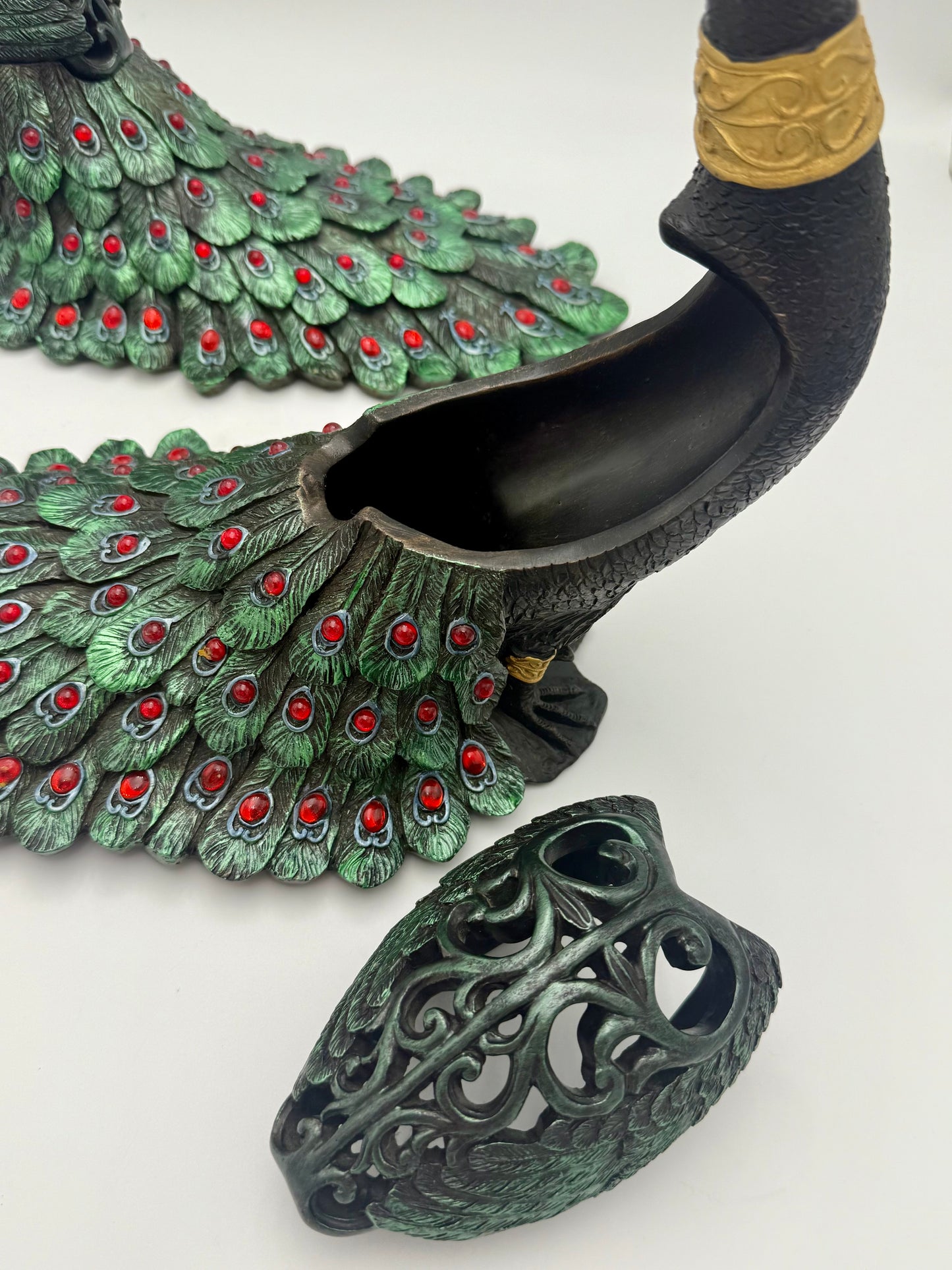PAIR OF VINTAGE BLACK RED GREEN AND GOLD PEACOCKS WITH STORAGE