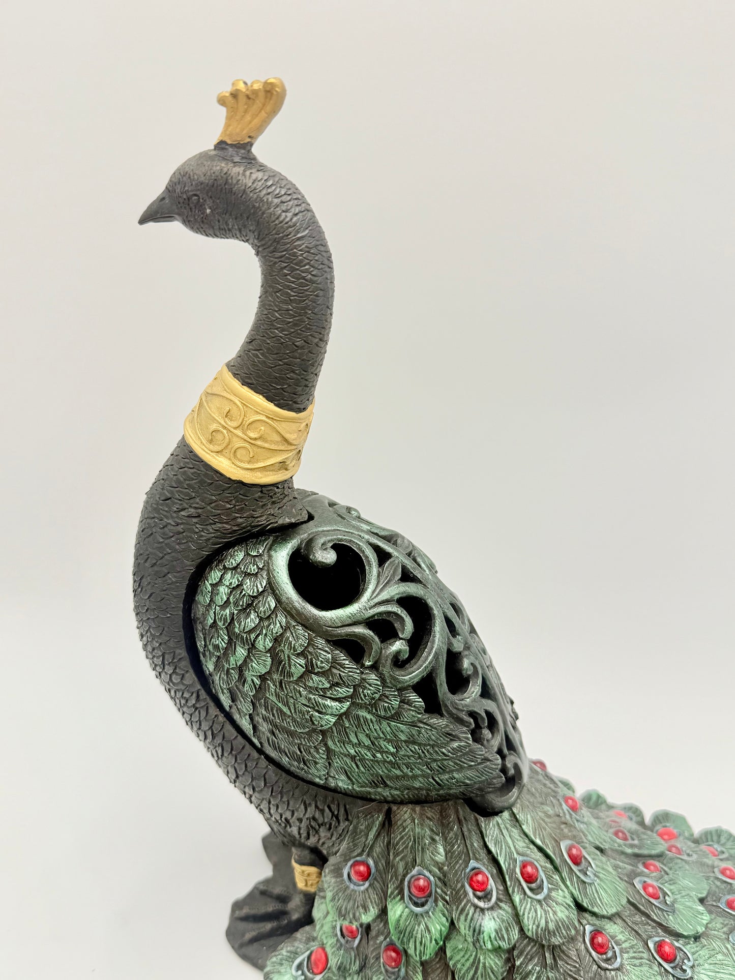 PAIR OF VINTAGE BLACK RED GREEN AND GOLD PEACOCKS WITH STORAGE