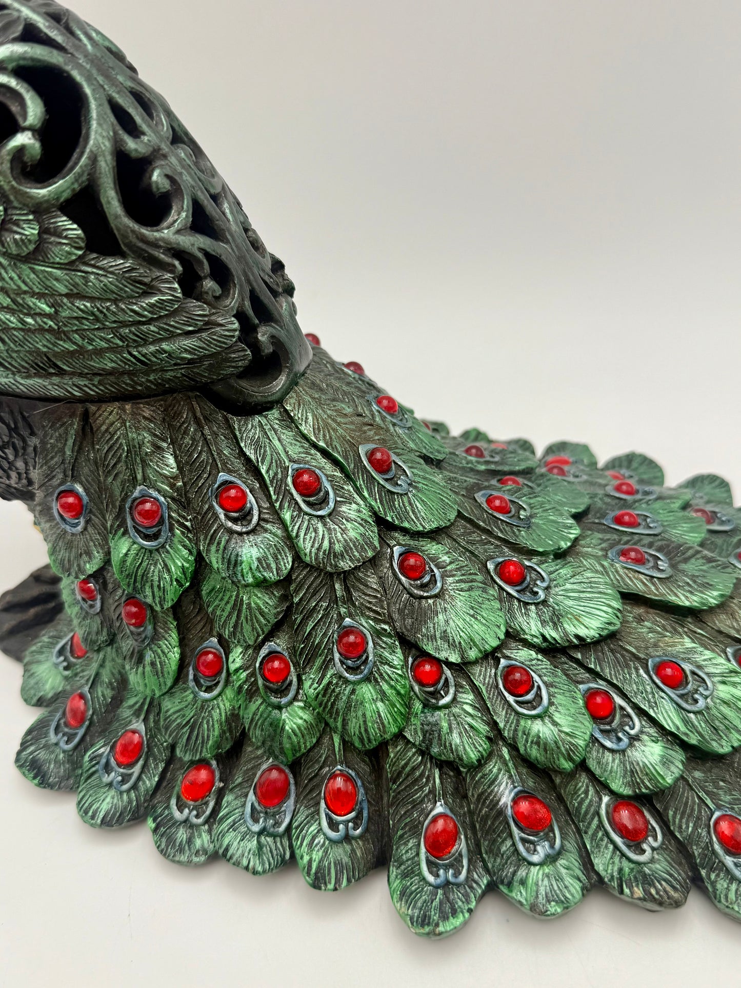 PAIR OF VINTAGE BLACK RED GREEN AND GOLD PEACOCKS WITH STORAGE