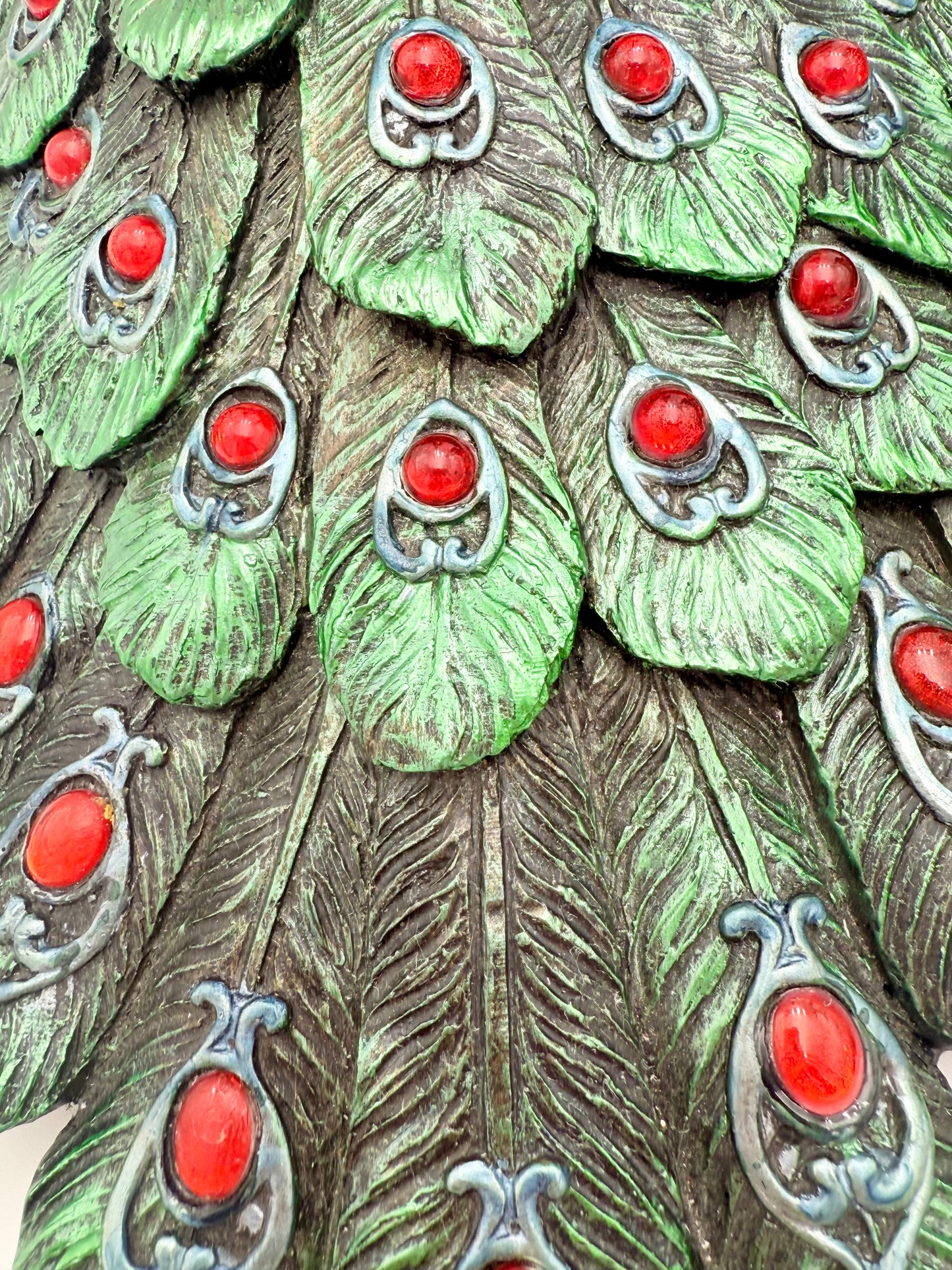 PAIR OF VINTAGE BLACK RED GREEN AND GOLD PEACOCKS WITH STORAGE