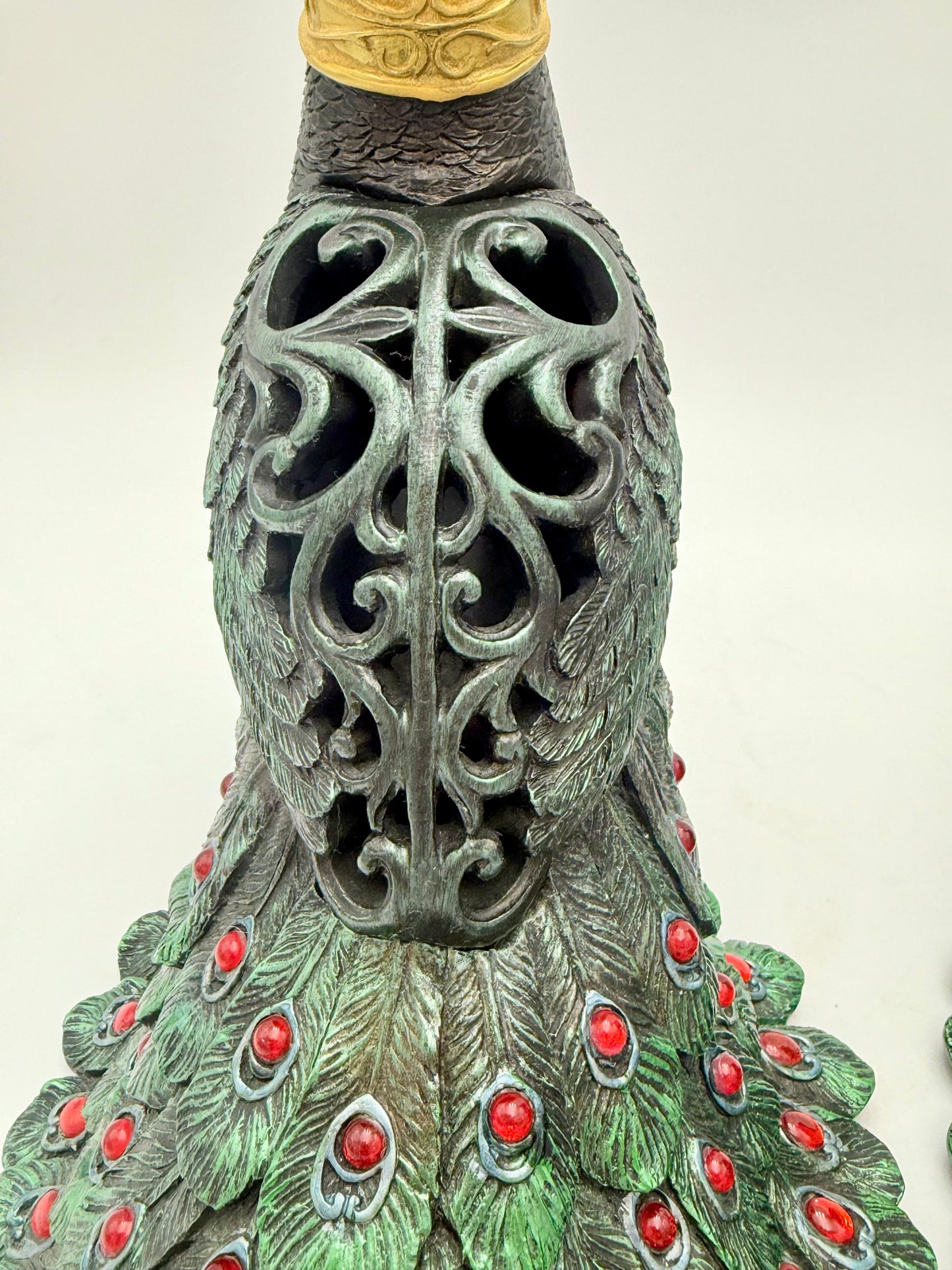 PAIR OF VINTAGE BLACK RED GREEN AND GOLD PEACOCKS WITH STORAGE