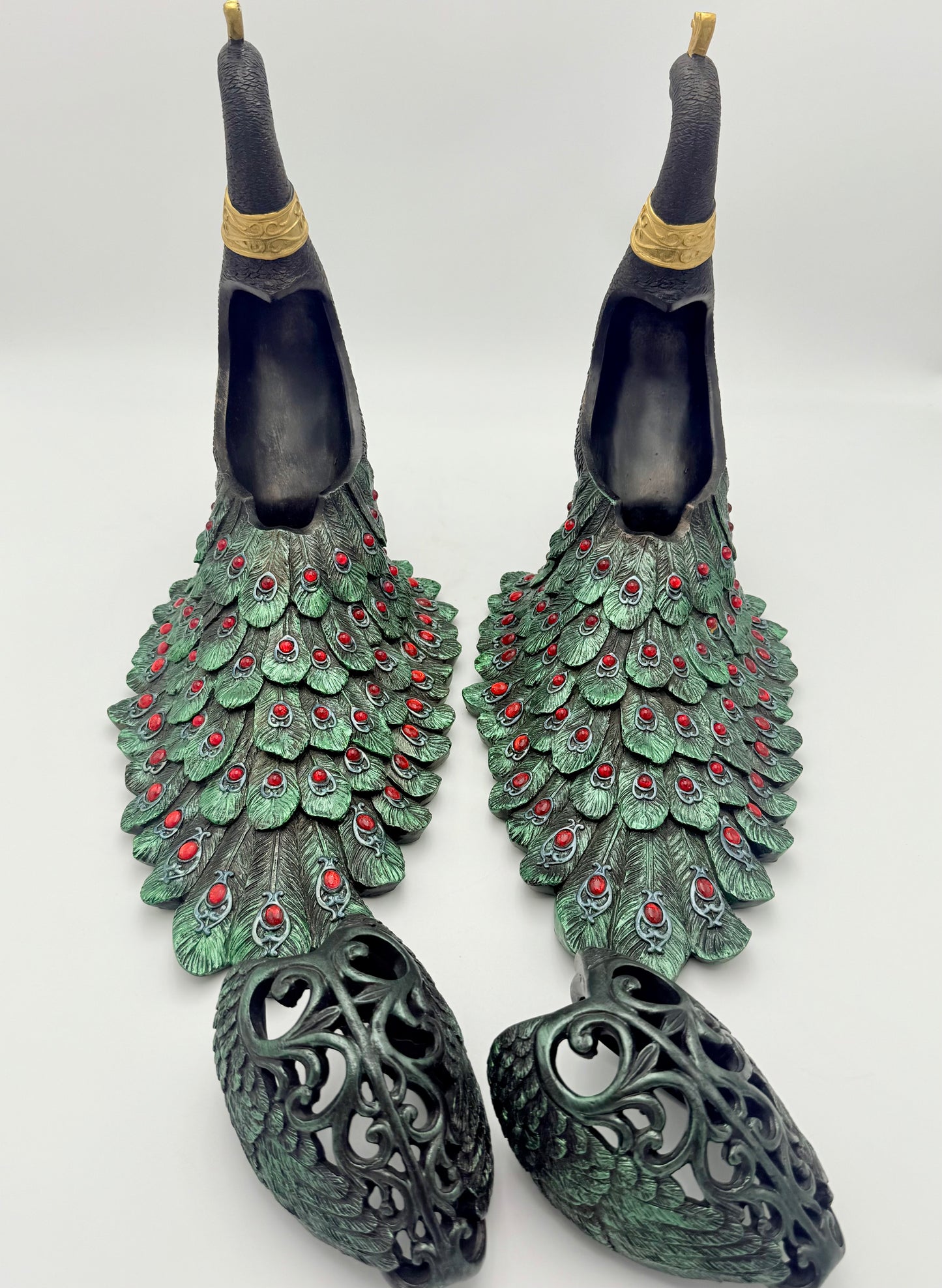 PAIR OF VINTAGE BLACK RED GREEN AND GOLD PEACOCKS WITH STORAGE