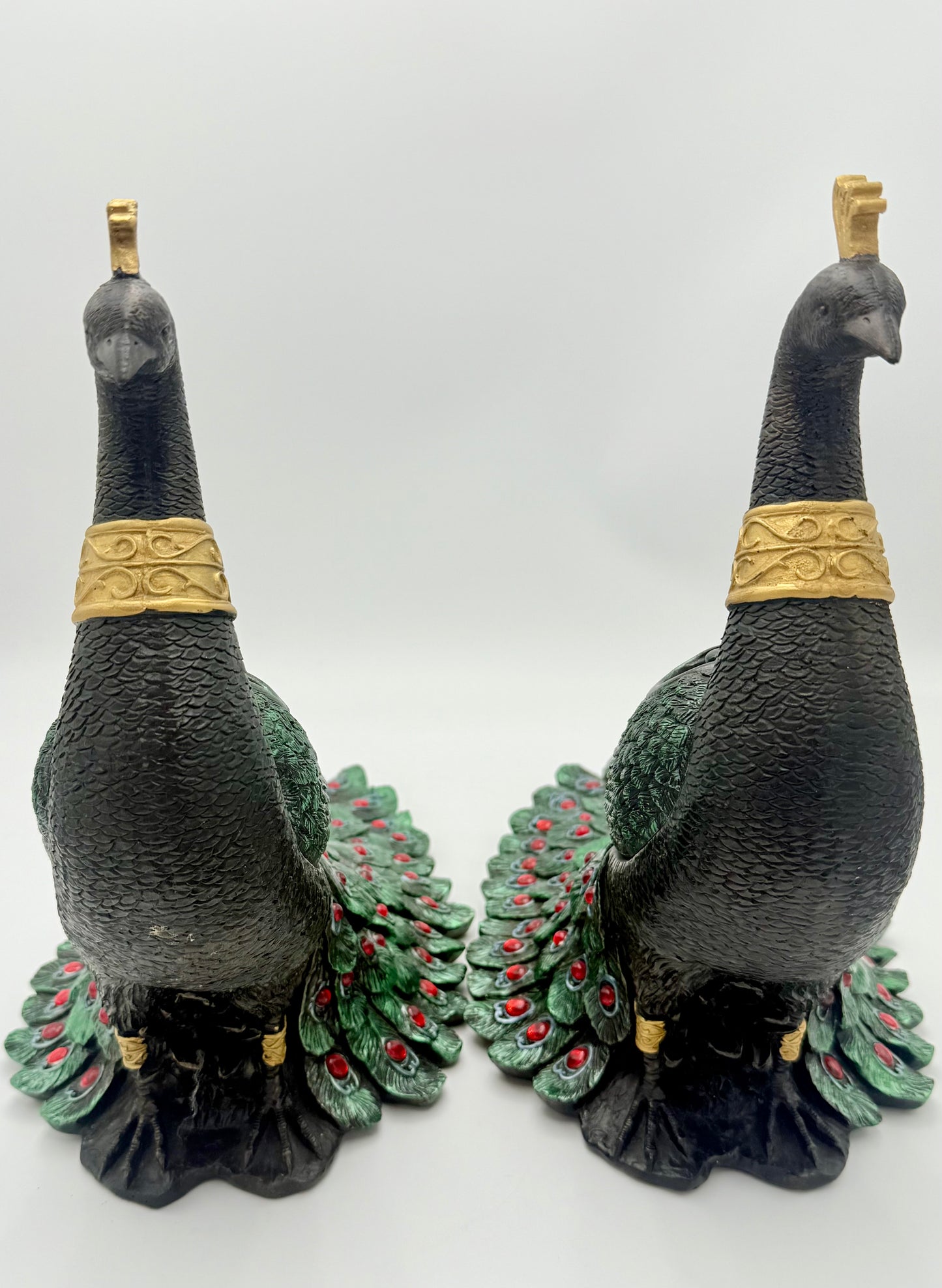PAIR OF VINTAGE BLACK RED GREEN AND GOLD PEACOCKS WITH STORAGE