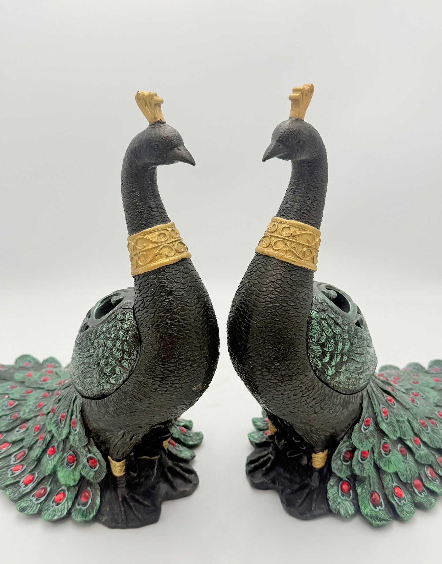 PAIR OF VINTAGE BLACK RED GREEN AND GOLD PEACOCKS WITH STORAGE
