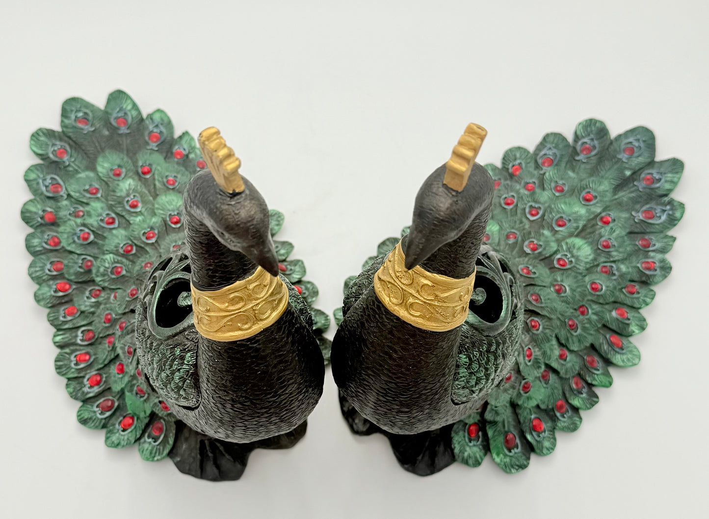 PAIR OF VINTAGE BLACK RED GREEN AND GOLD PEACOCKS WITH STORAGE