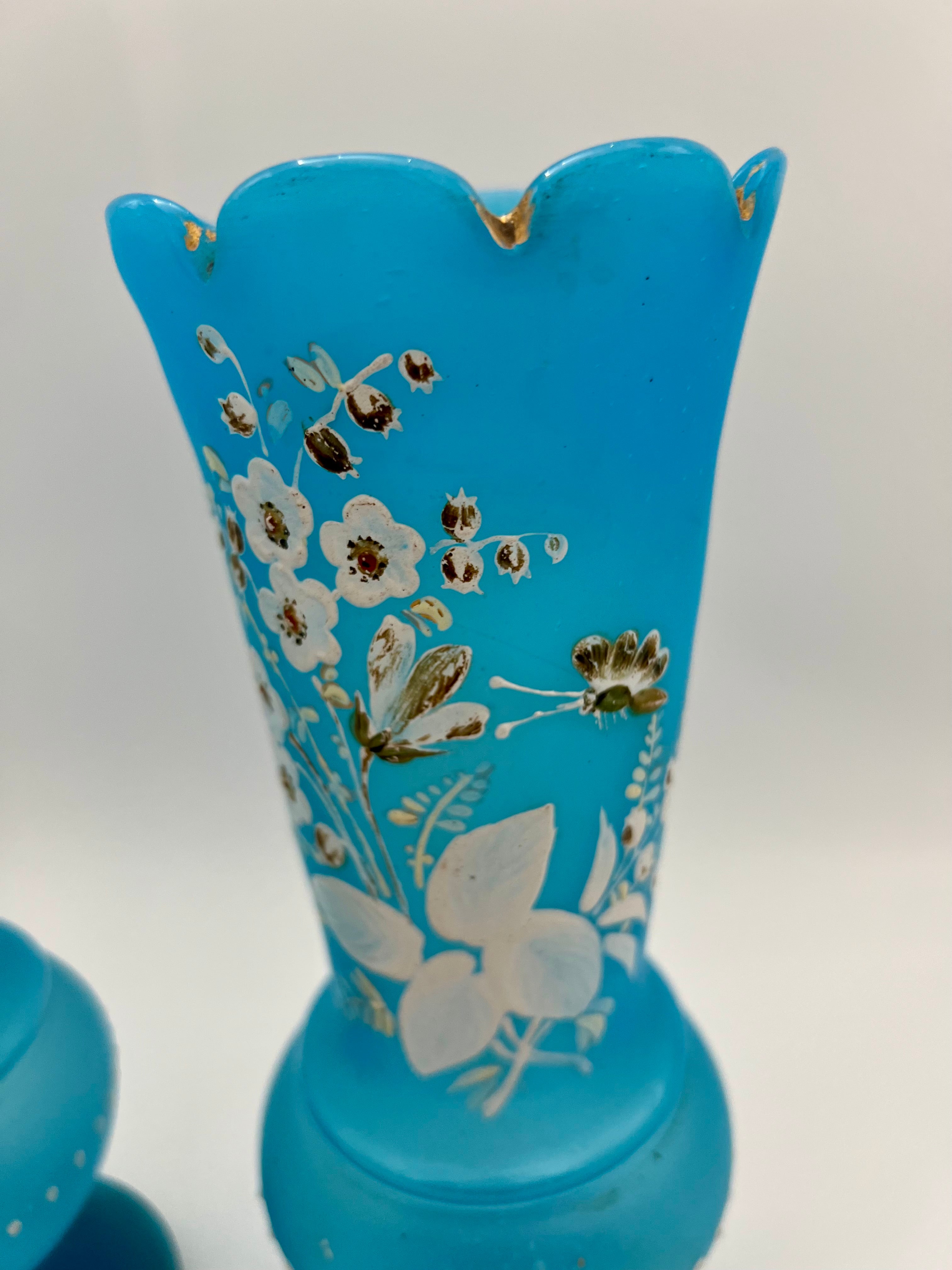 PAIR OF ANTIQUE BLUE SATIN GLASS VASES WITH ENAMELED FLORAL DESIGN – VICTORIAN BOHEMIAN HAND PAINTED – 11 INCHES