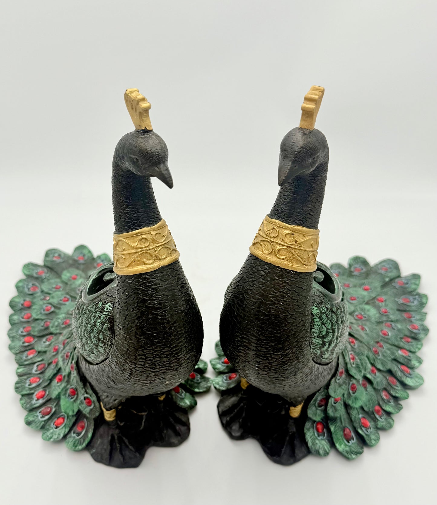 PAIR OF VINTAGE BLACK RED GREEN AND GOLD PEACOCKS WITH STORAGE