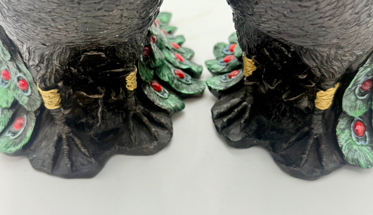 PAIR OF VINTAGE BLACK RED GREEN AND GOLD PEACOCKS WITH STORAGE