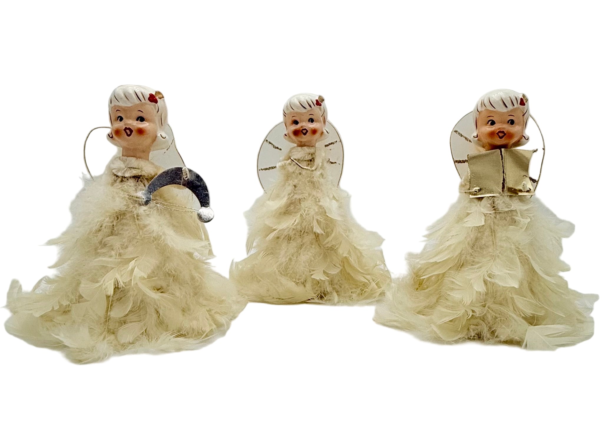 HOLT-HOWARD Feather Angels – Set of 3 – HH Japan 1950s Choir Angels – Mid-Century Christmas Figurines – Vintage MCM Holiday Decor