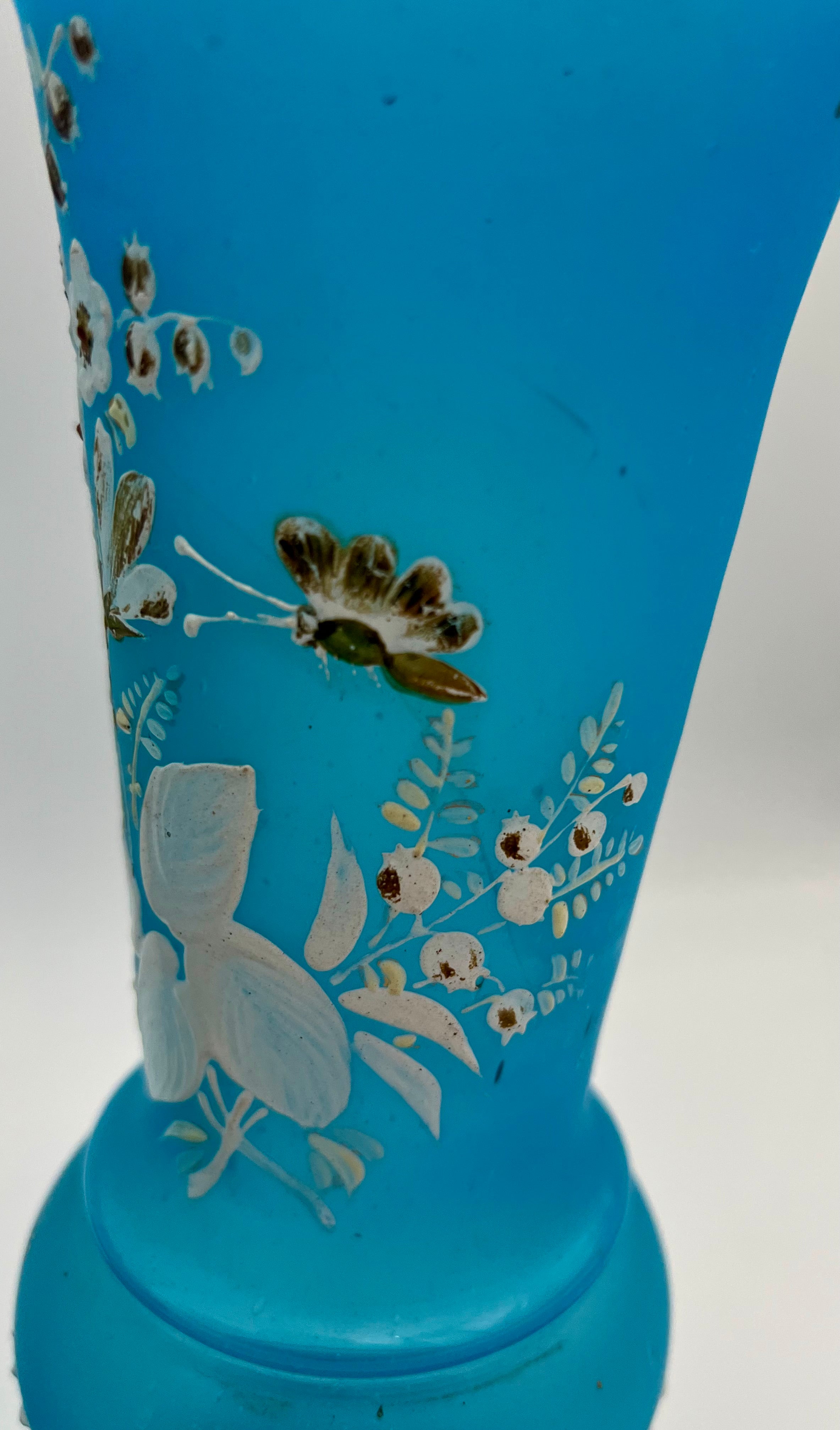 PAIR OF ANTIQUE BLUE SATIN GLASS VASES WITH ENAMELED FLORAL DESIGN – VICTORIAN BOHEMIAN HAND PAINTED – 11 INCHES