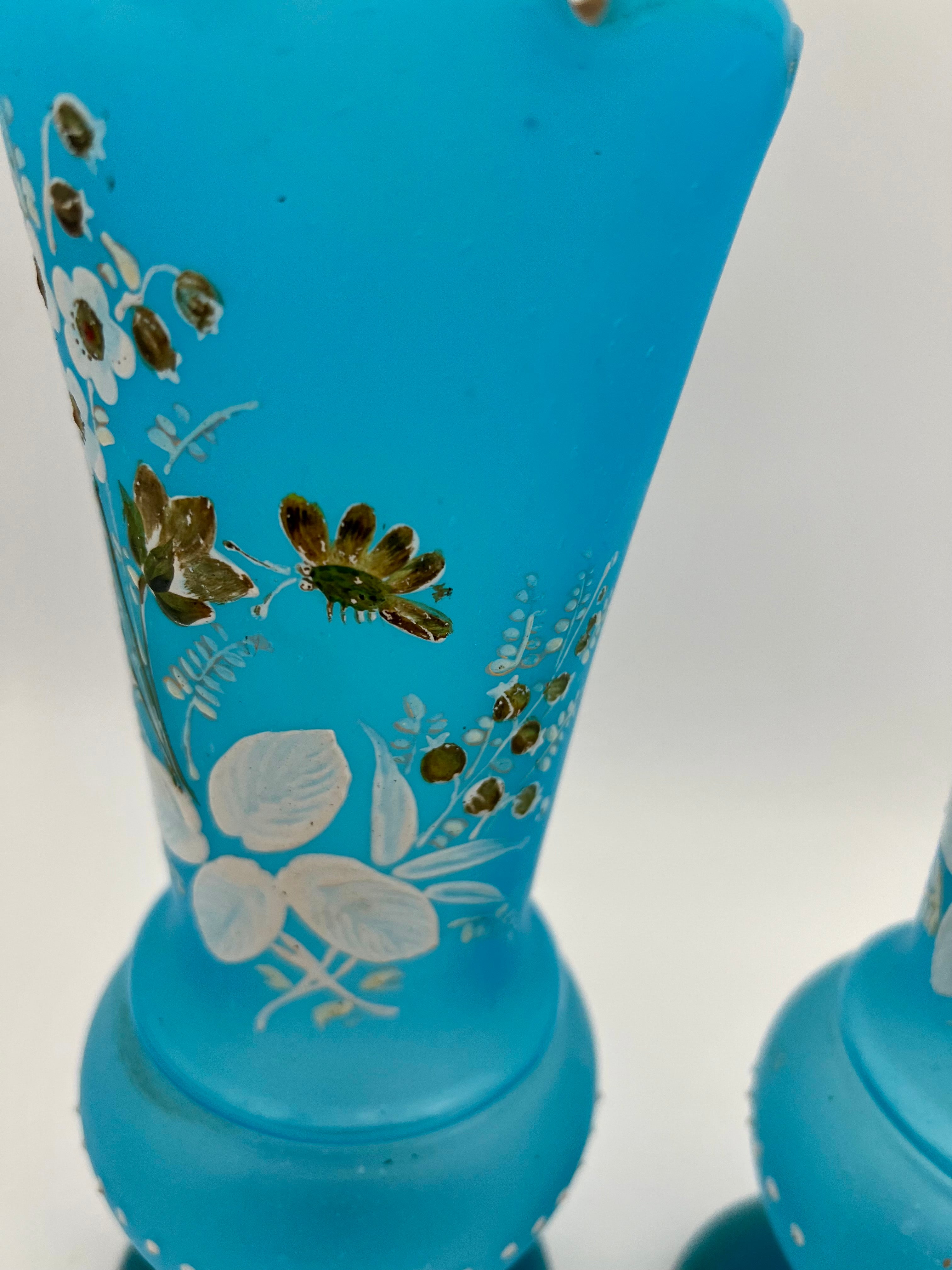 PAIR OF ANTIQUE BLUE SATIN GLASS VASES WITH ENAMELED FLORAL DESIGN – VICTORIAN BOHEMIAN HAND PAINTED – 11 INCHES
