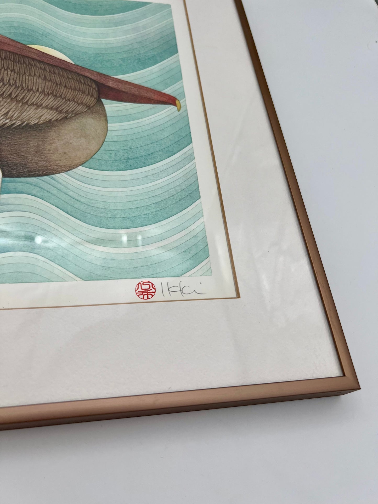 FRAMED "BROWN PELICAN" SIGNED AND NUMBERED LITHOGRAPH BY IKKI MATSUMOTO, CIRCA EARLY 1980s