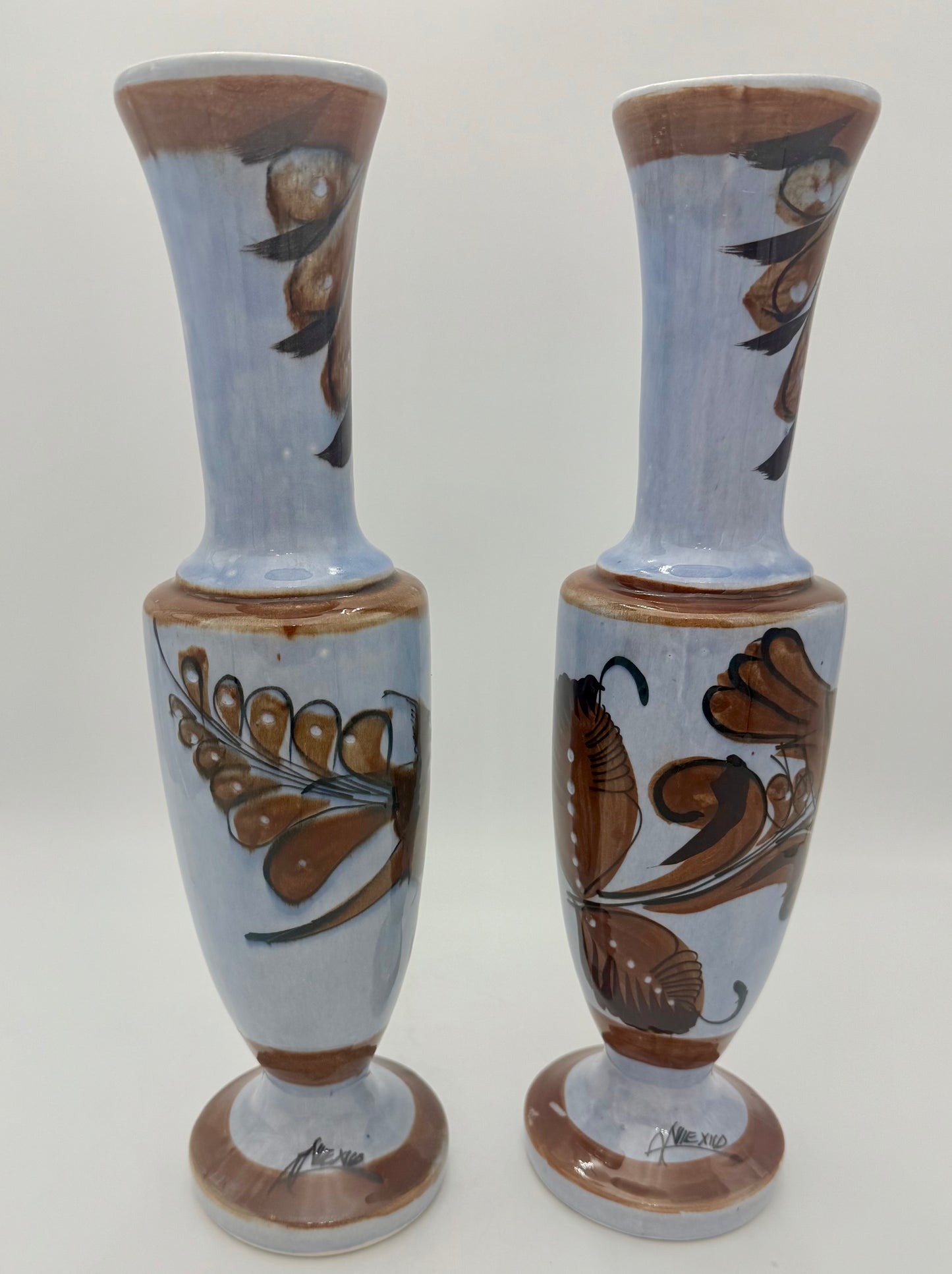 MIDCENTURY TONALA MEXICO SIGNED BIRDS AND BUTTERFLY 16" TALL BOHO VASES